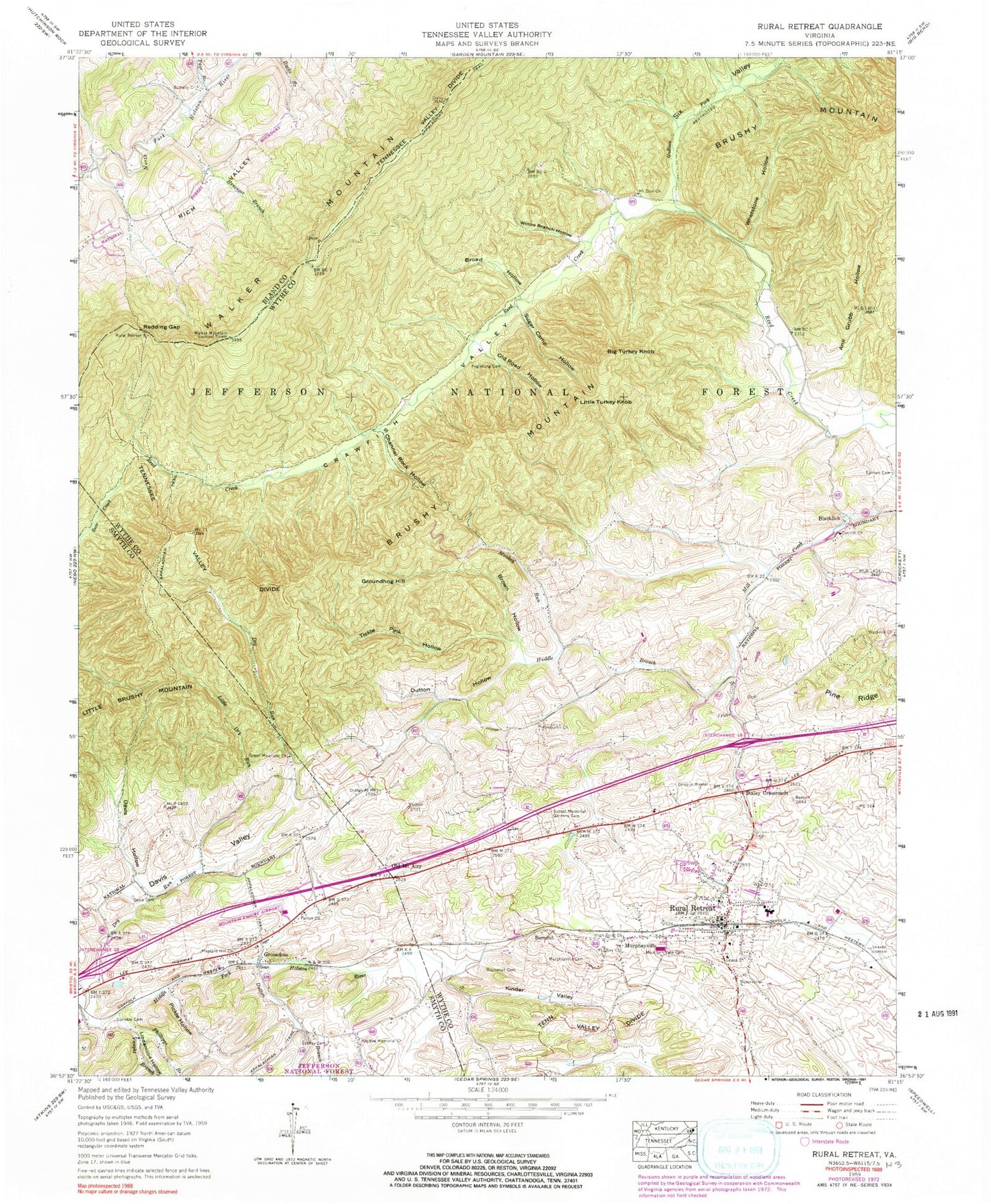Classic USGS Rural Retreat Virginia 7.5'x7.5' Topo Map Image