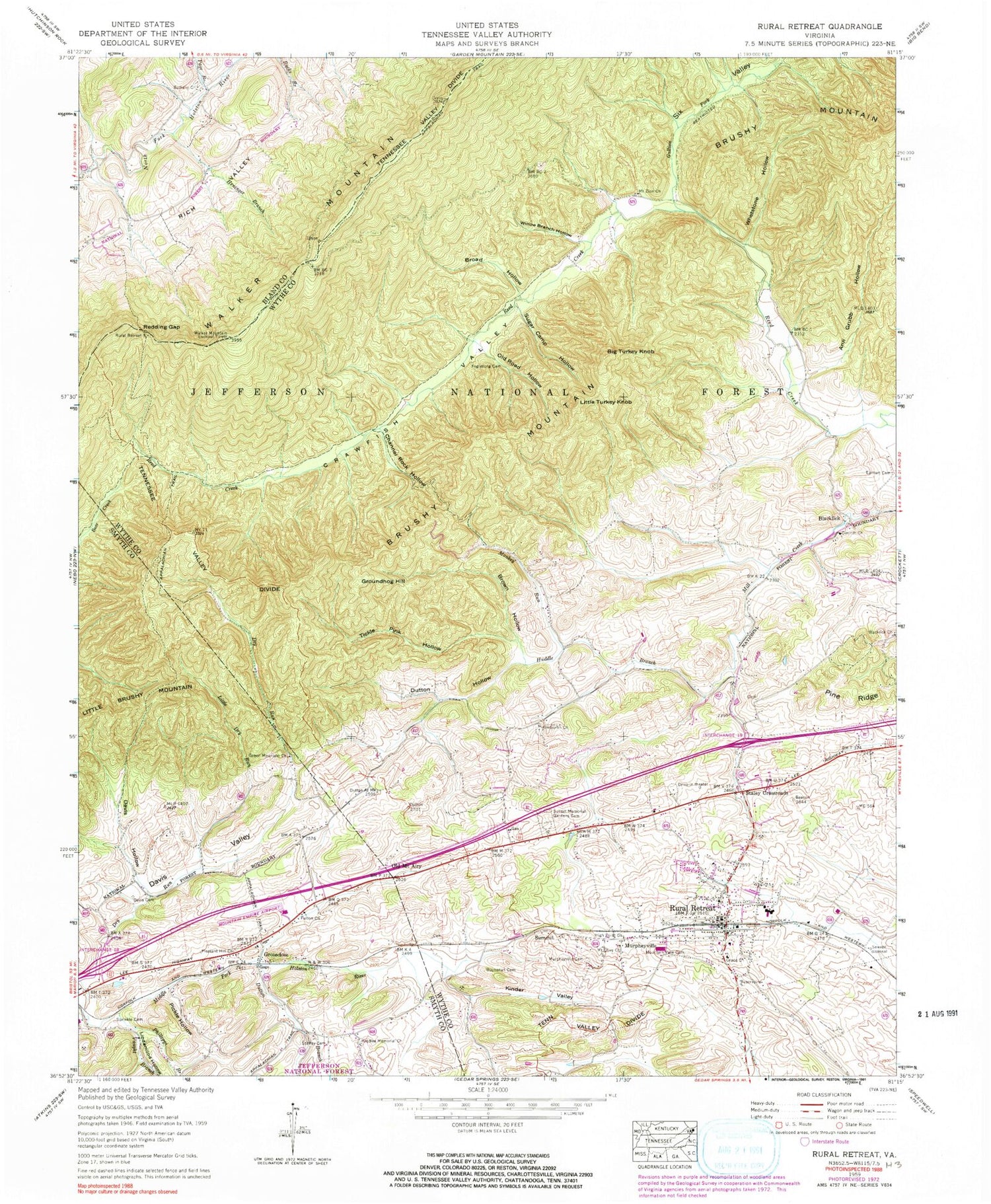 Classic USGS Rural Retreat Virginia 7.5'x7.5' Topo Map Image