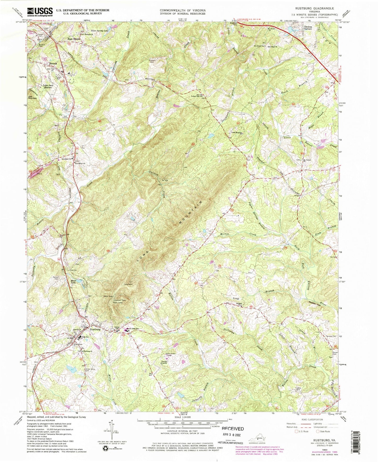 Classic USGS Rustburg Virginia 7.5'x7.5' Topo Map Image