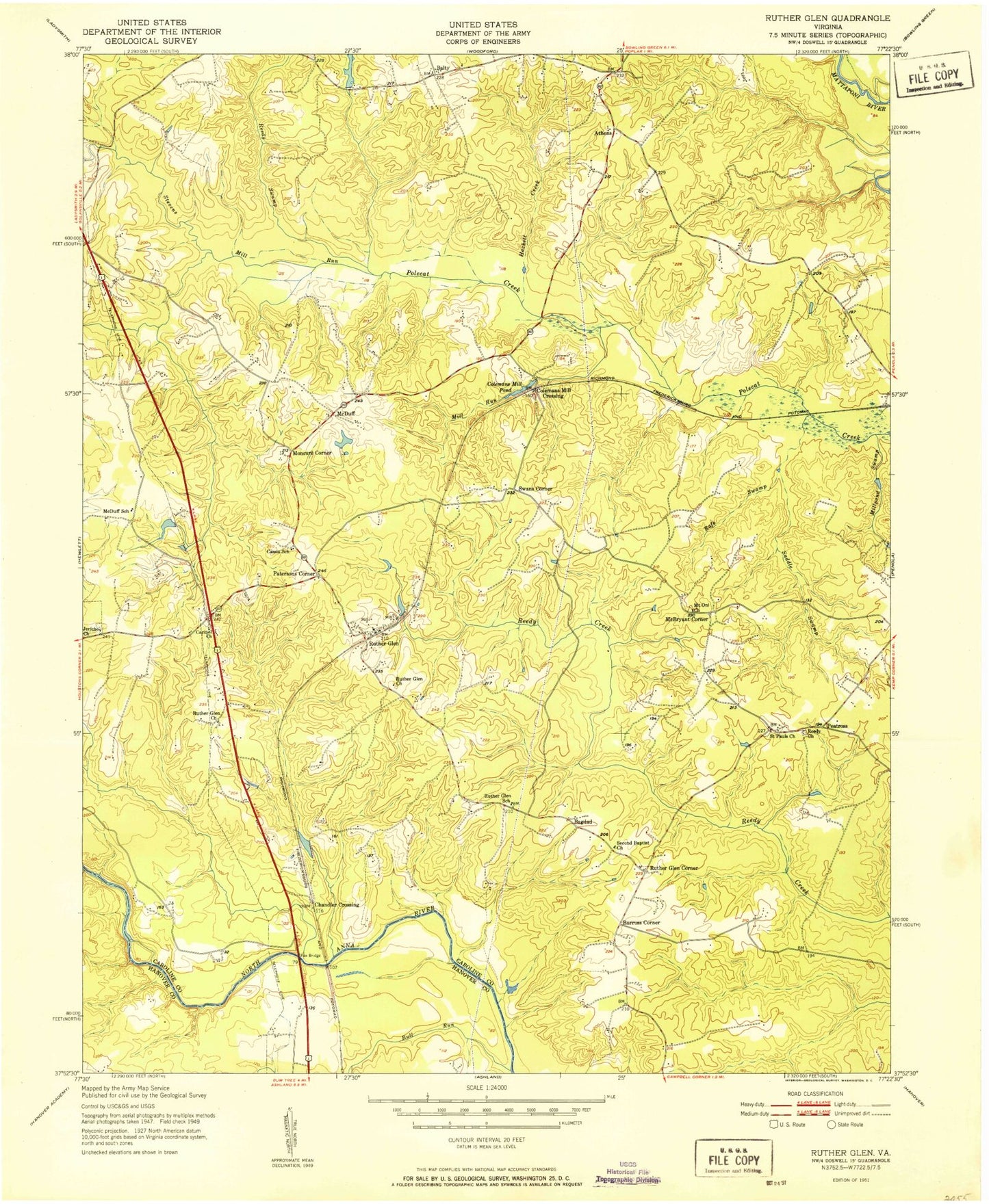 Classic USGS Ruther Glen Virginia 7.5'x7.5' Topo Map Image