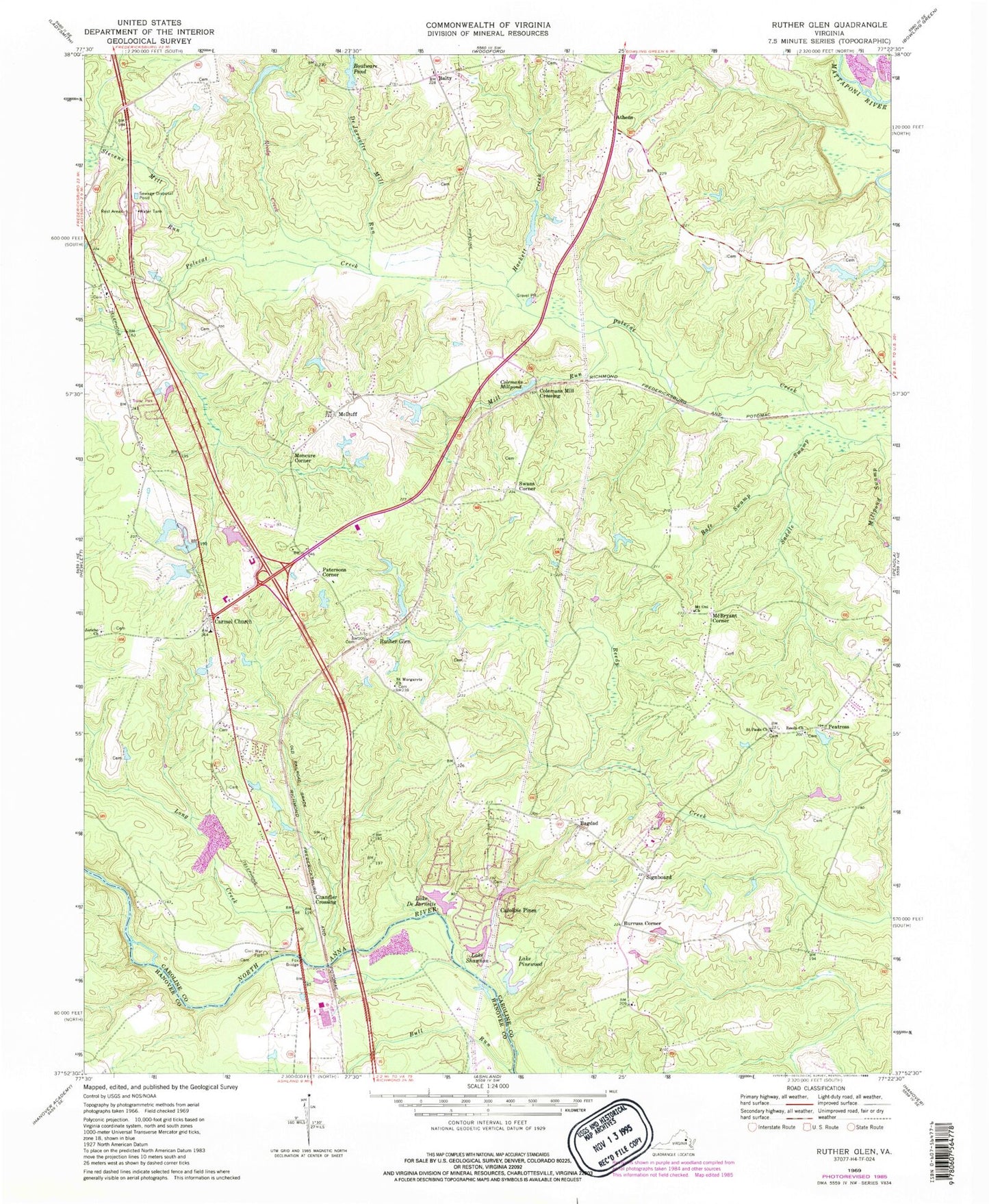 Classic USGS Ruther Glen Virginia 7.5'x7.5' Topo Map Image