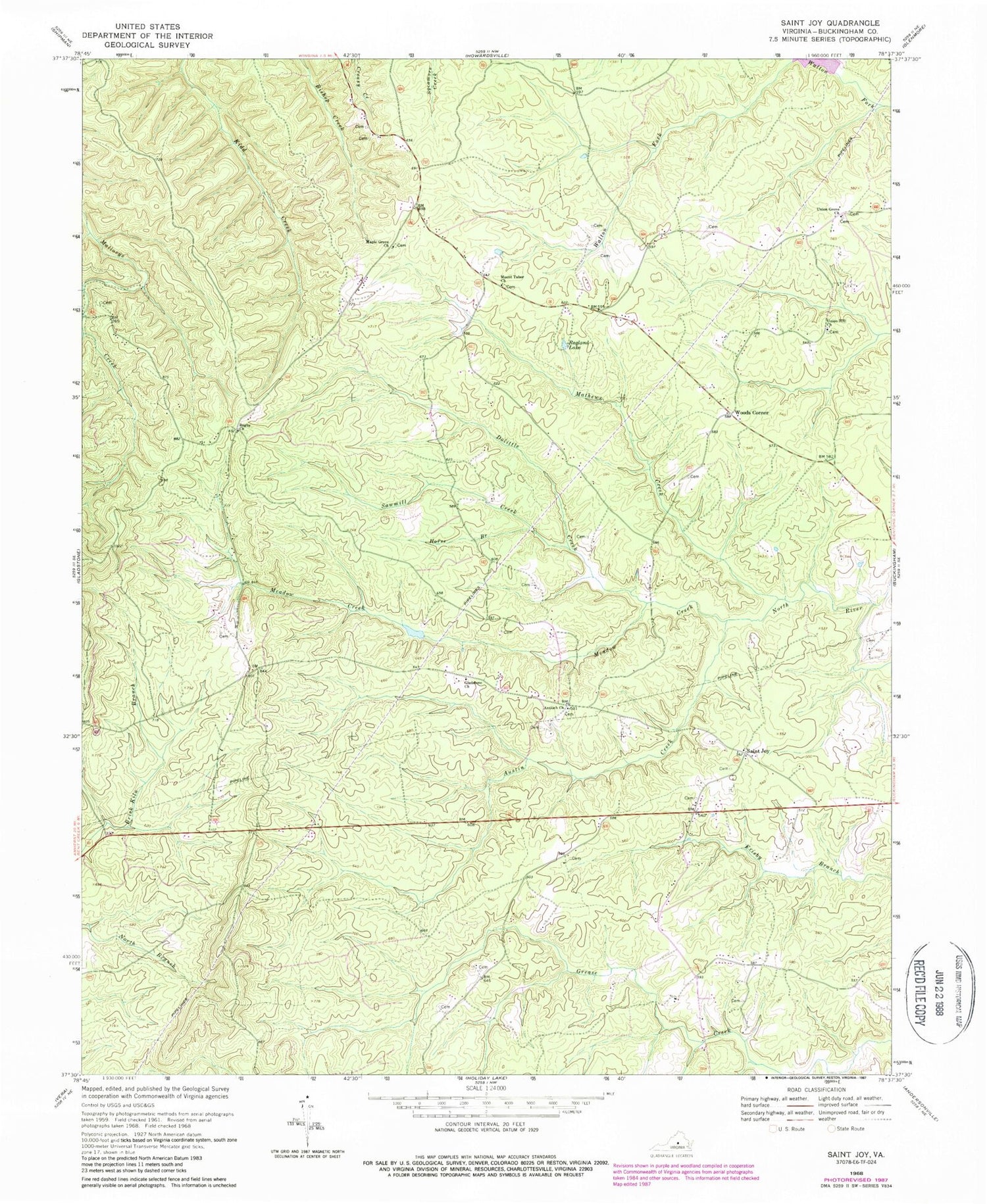 Classic USGS Saint Joy Virginia 7.5'x7.5' Topo Map Image