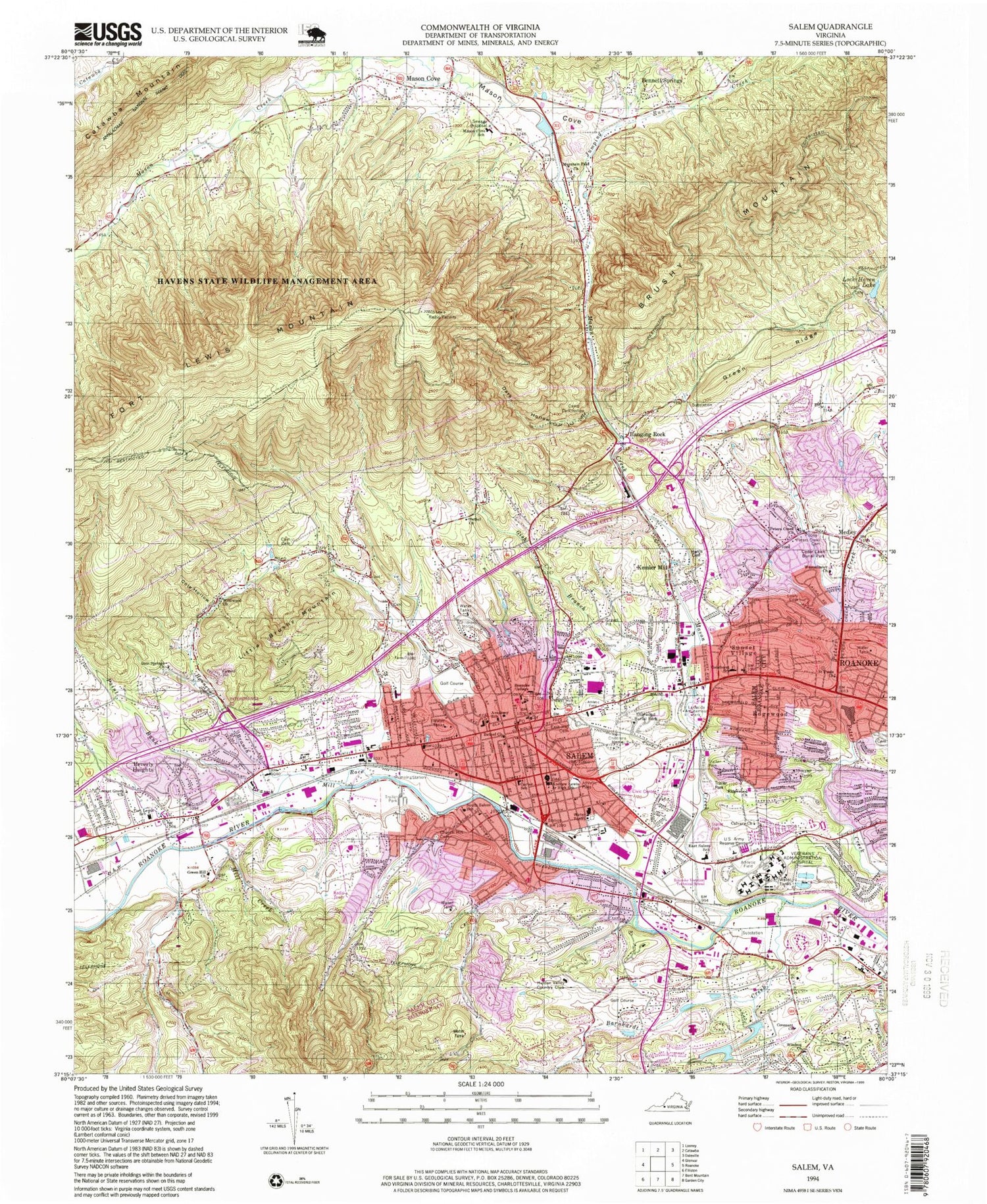 Classic USGS Salem Virginia 7.5'x7.5' Topo Map Image