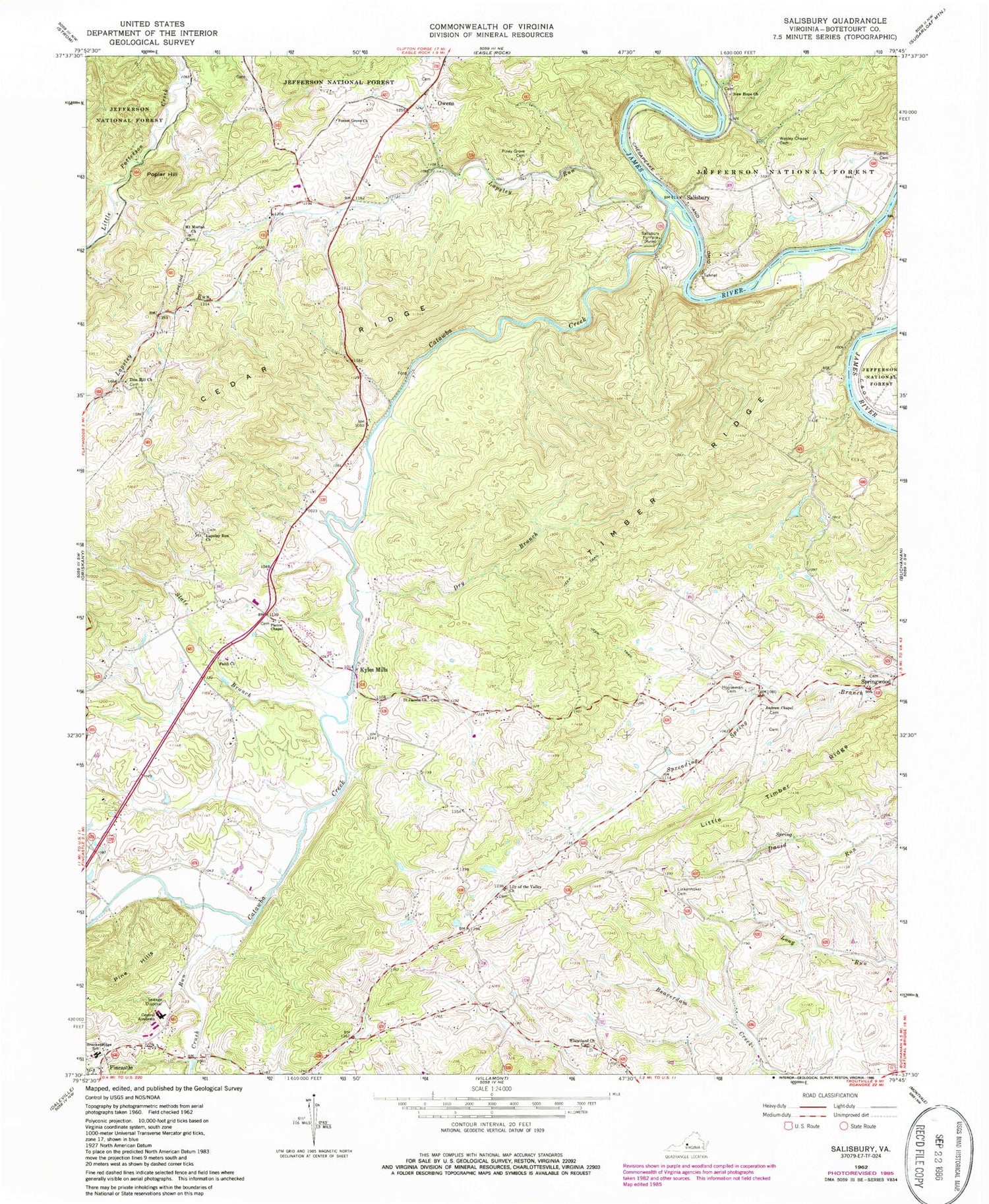 Classic USGS Salisbury Virginia 7.5'x7.5' Topo Map Image