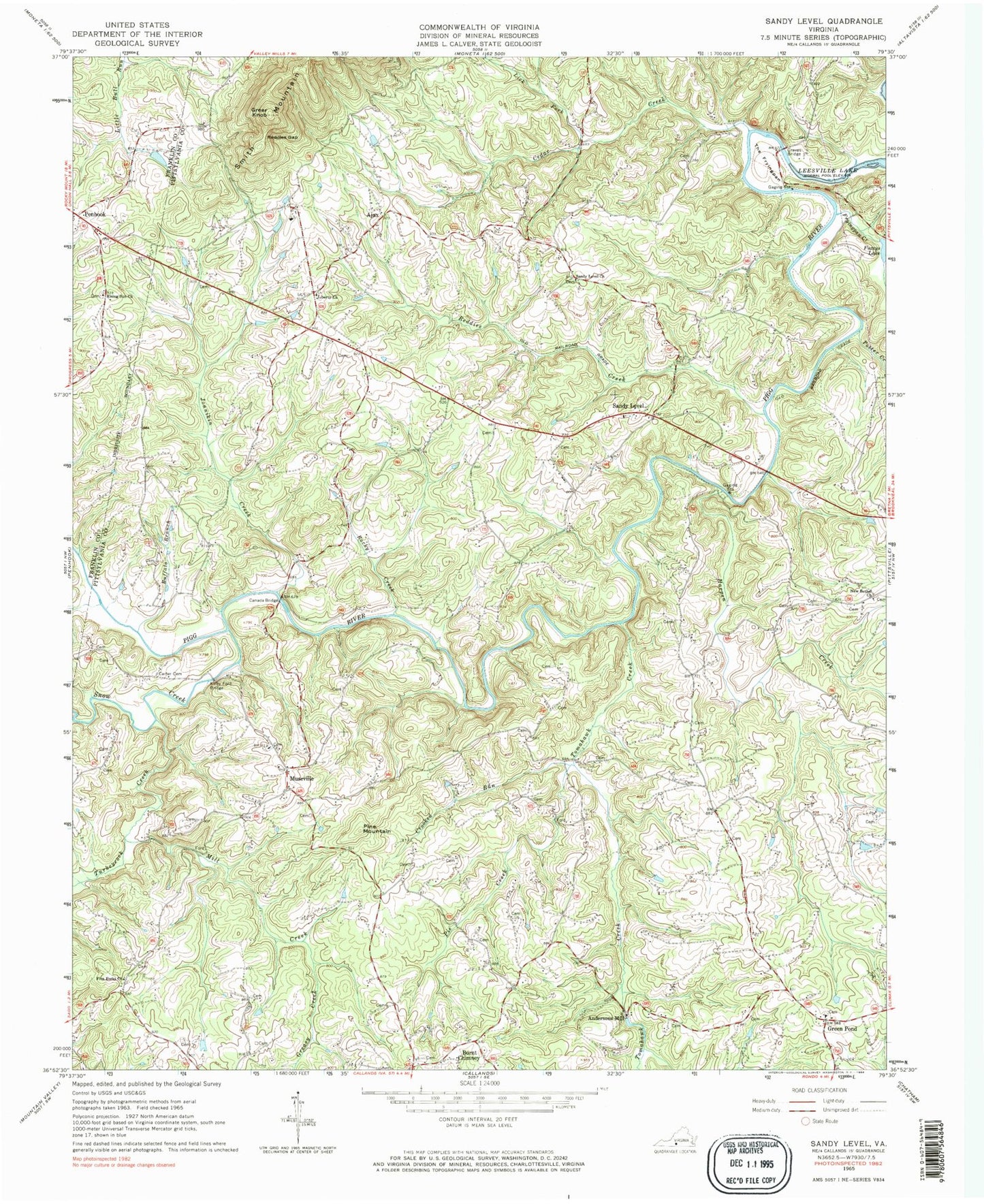 Classic USGS Sandy Level Virginia 7.5'x7.5' Topo Map Image