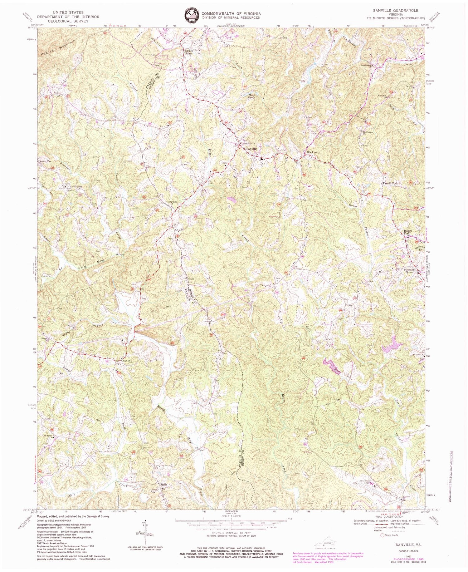 Classic USGS Sanville Virginia 7.5'x7.5' Topo Map Image