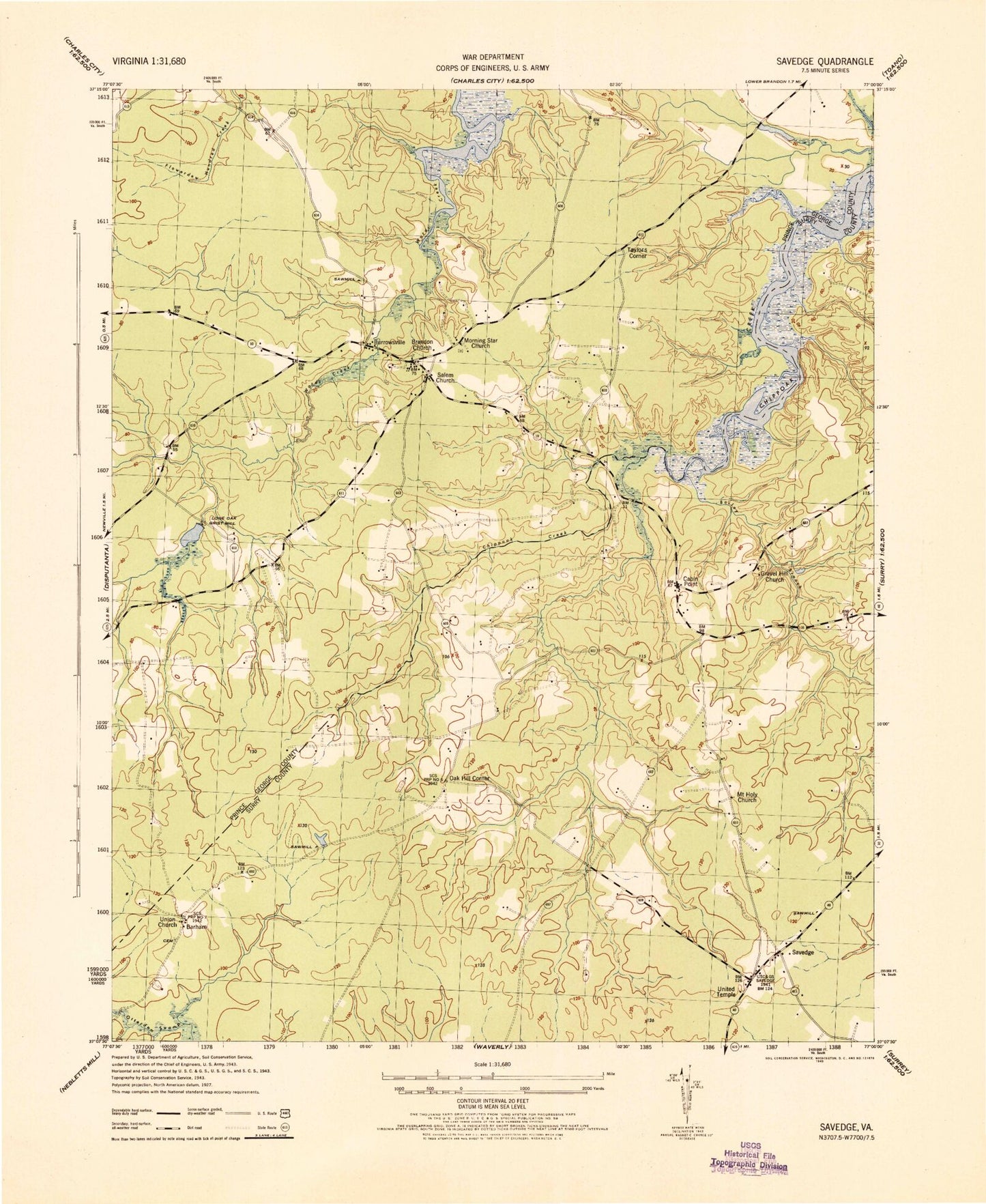 Classic USGS Savedge Virginia 7.5'x7.5' Topo Map Image