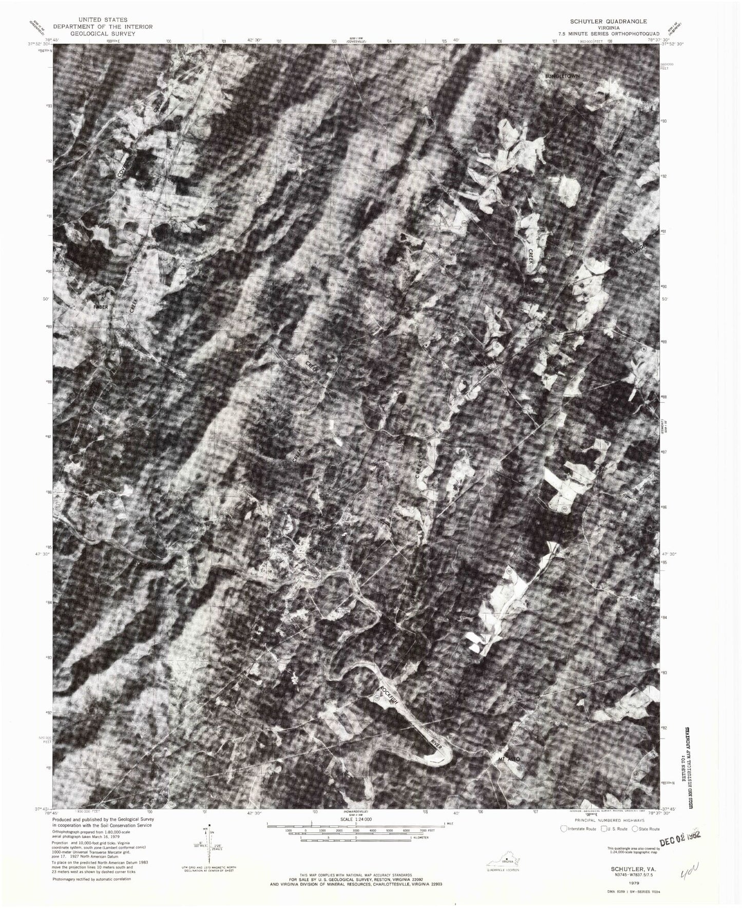 Classic USGS Schuyler Virginia 7.5'x7.5' Topo Map Image