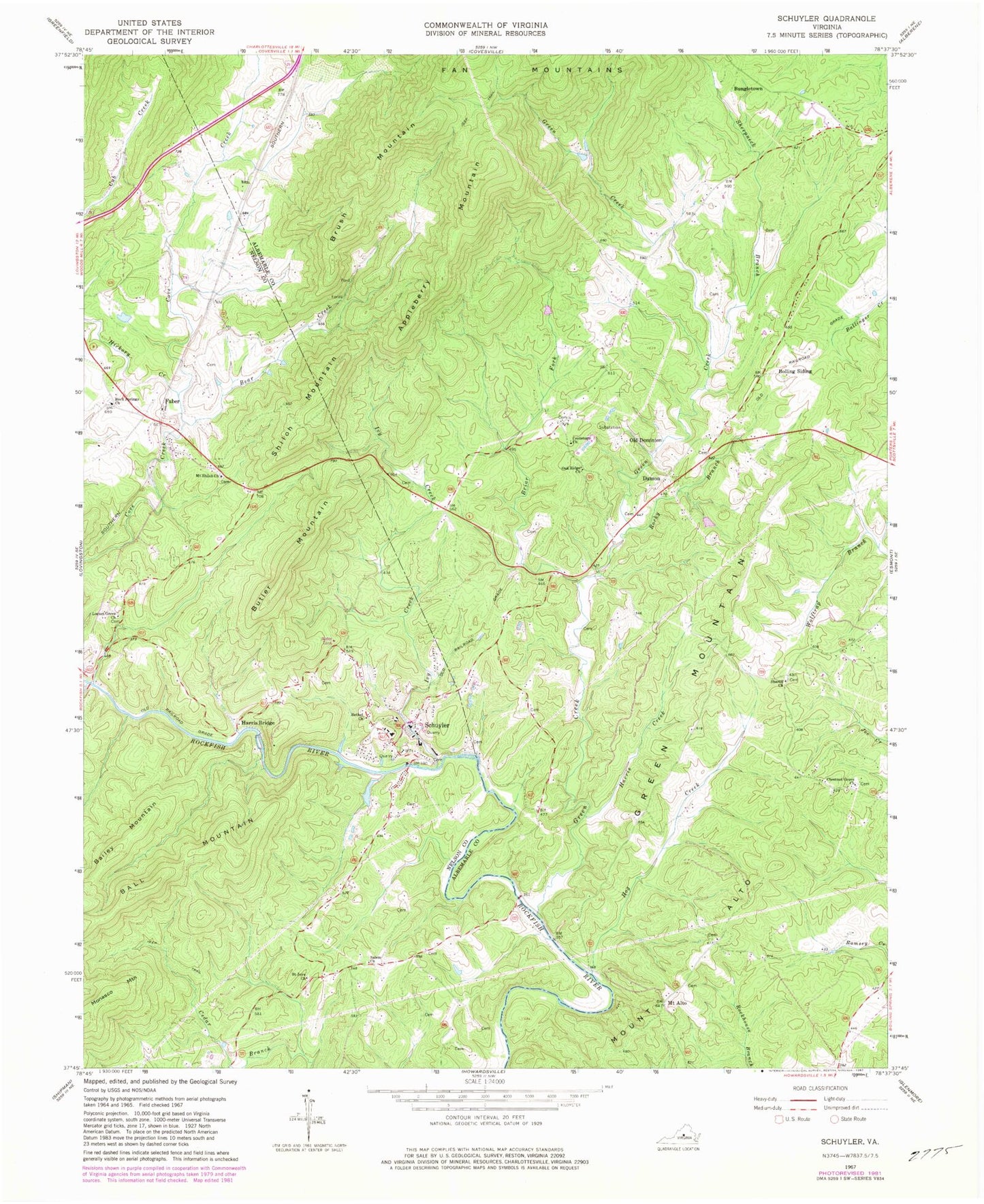 Classic USGS Schuyler Virginia 7.5'x7.5' Topo Map Image