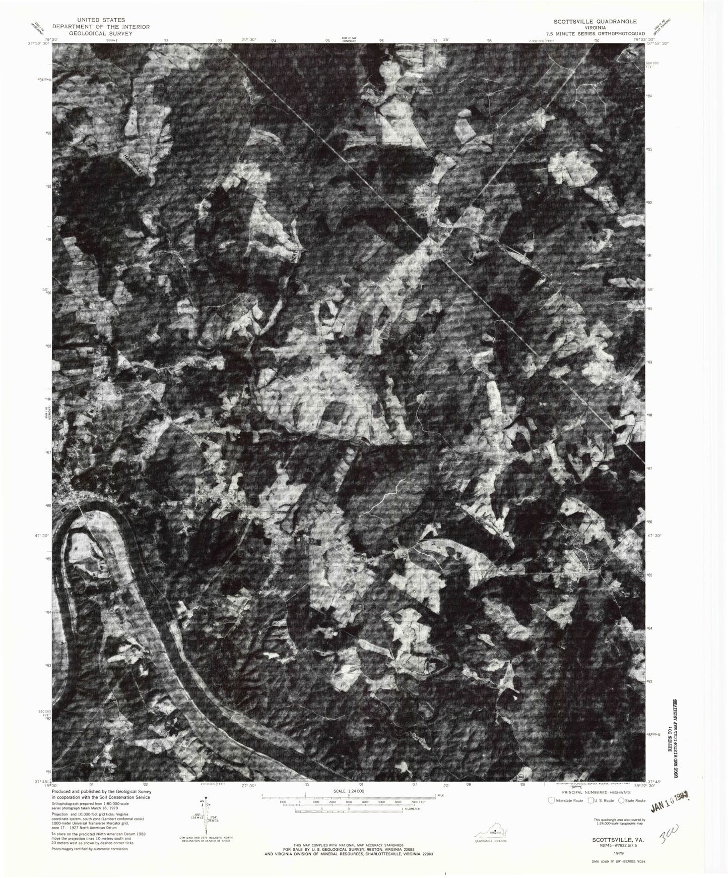 Classic USGS Scottsburg Virginia 7.5'x7.5' Topo Map Image