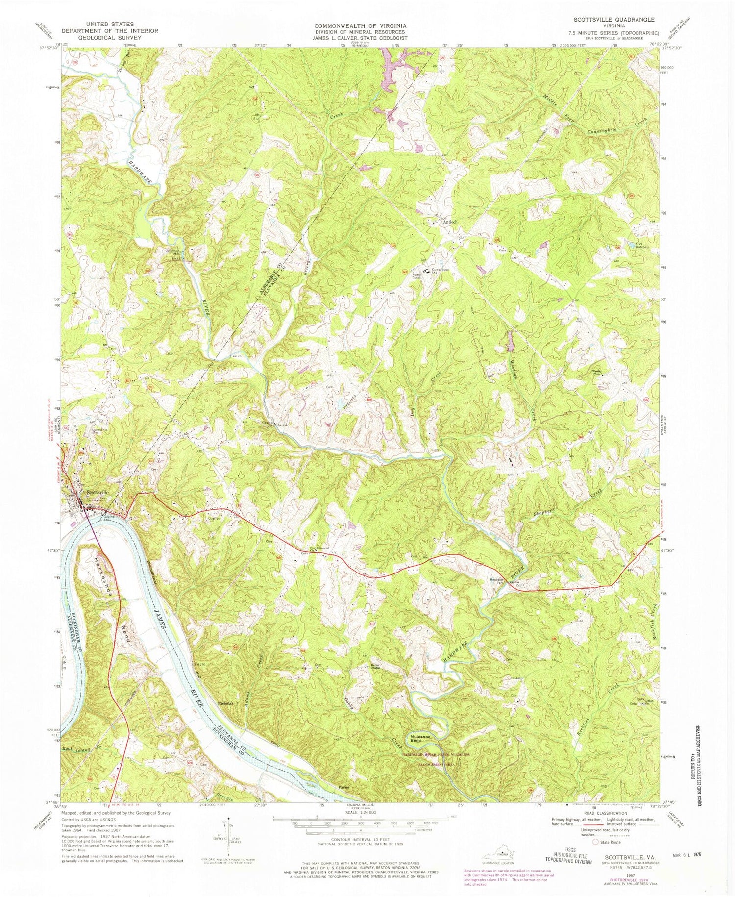 Classic USGS Scottsville Virginia 7.5'x7.5' Topo Map Image