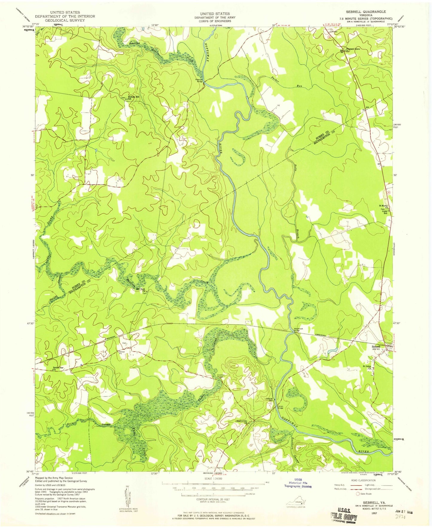 Classic USGS Sebrell Virginia 7.5'x7.5' Topo Map Image
