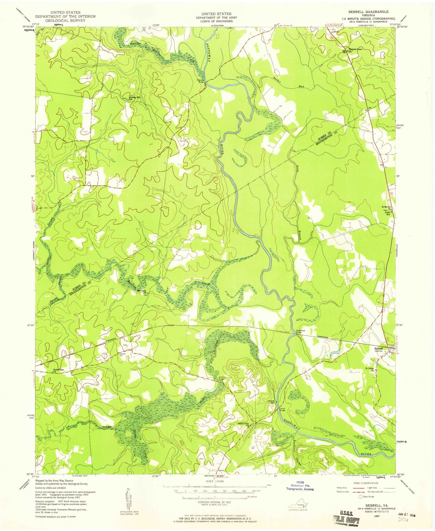 Classic USGS Sebrell Virginia 7.5'x7.5' Topo Map Image