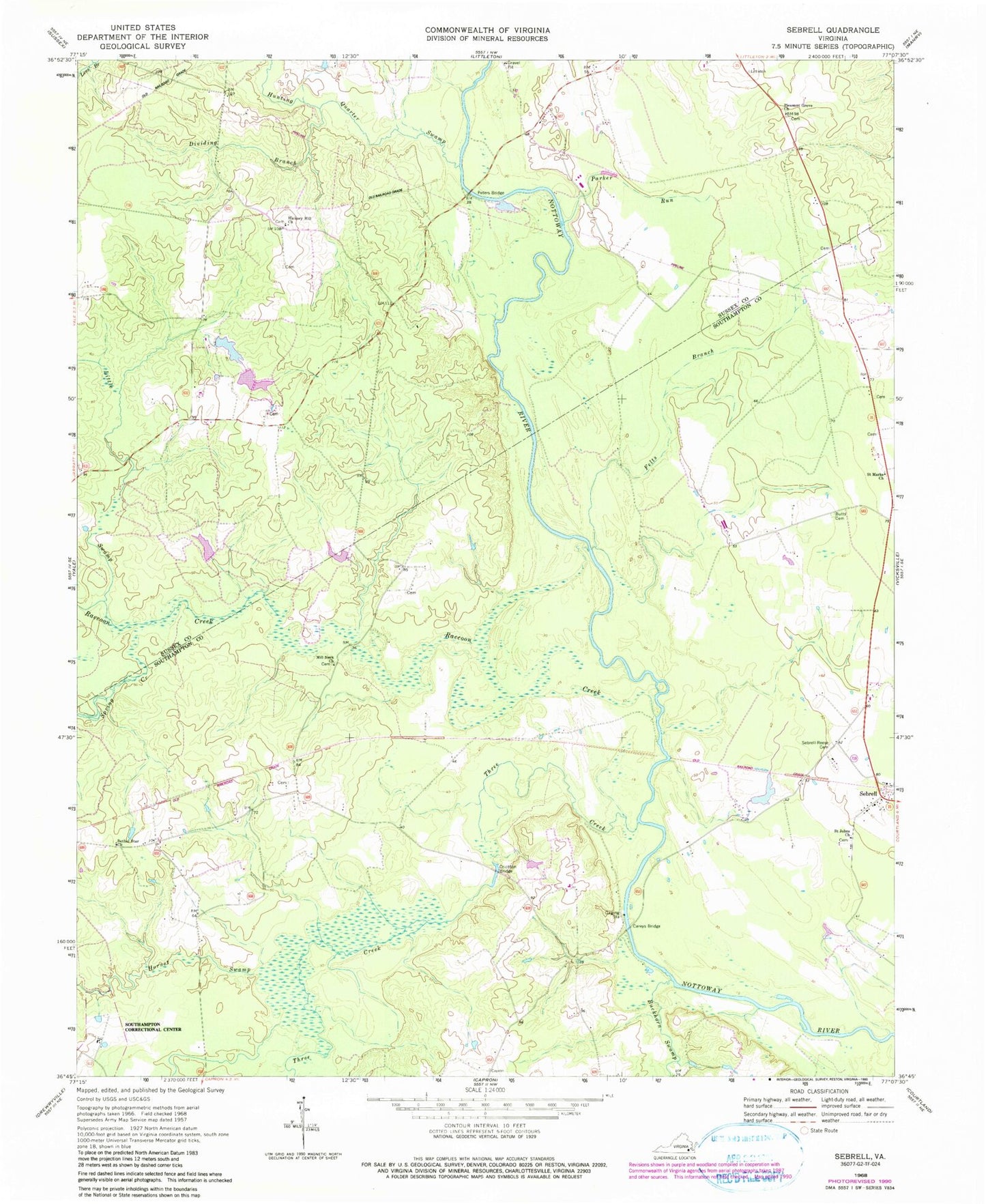 Classic USGS Sebrell Virginia 7.5'x7.5' Topo Map Image