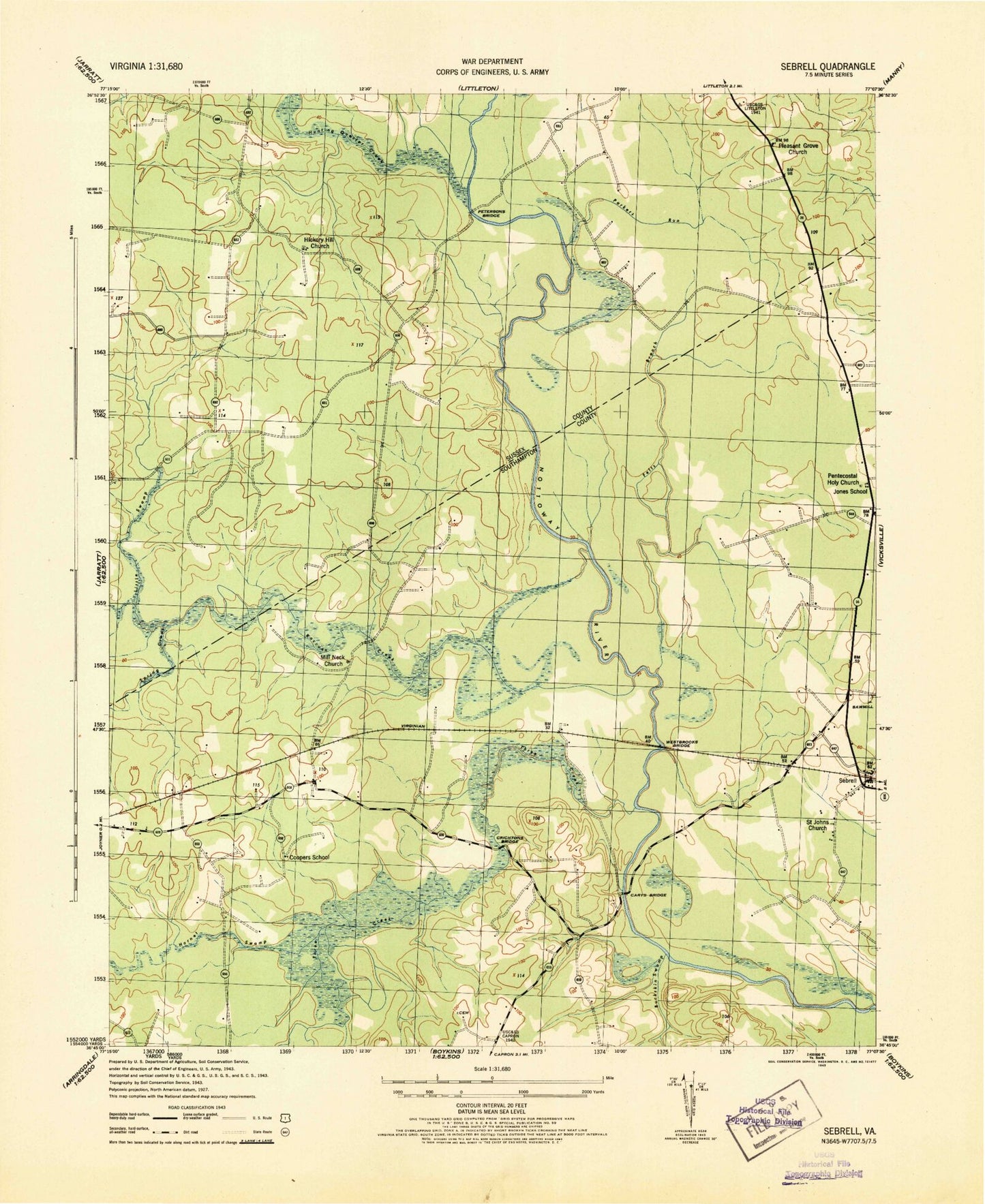 Classic USGS Sebrell Virginia 7.5'x7.5' Topo Map Image