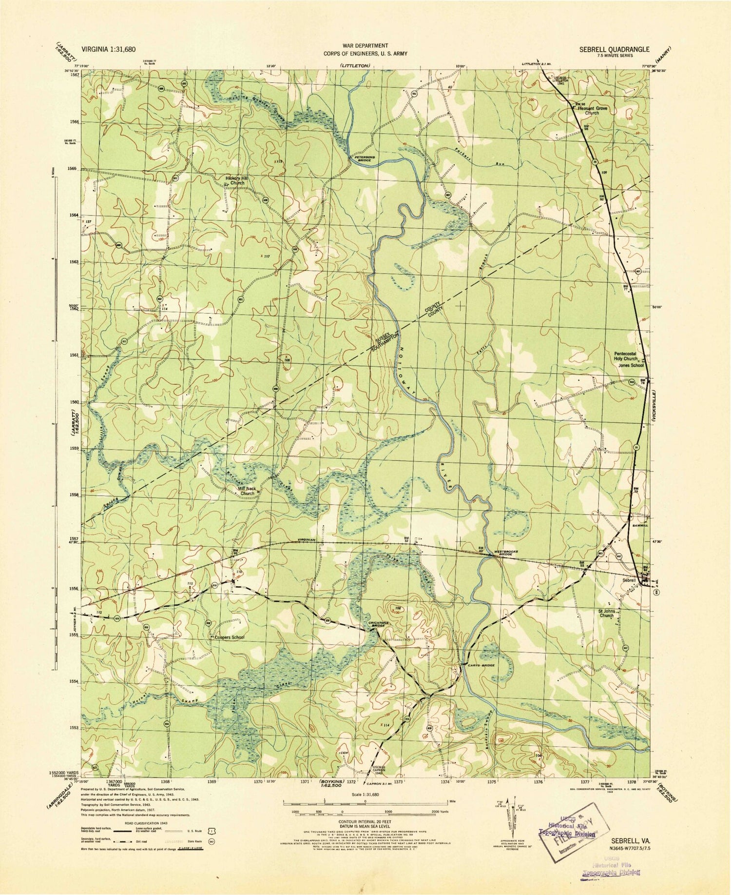 Classic USGS Sebrell Virginia 7.5'x7.5' Topo Map Image