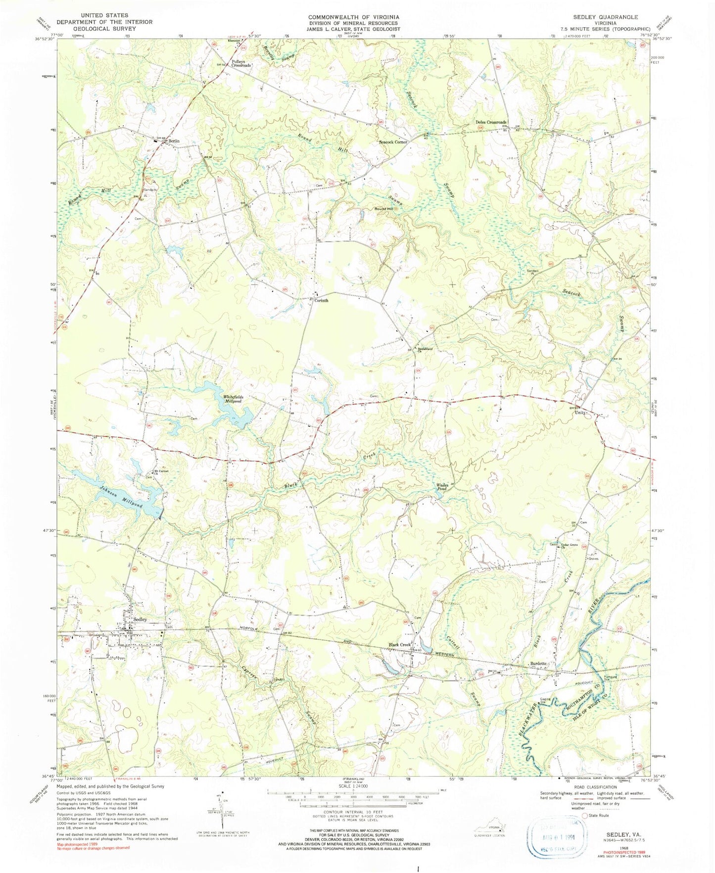 Classic USGS Sedley Virginia 7.5'x7.5' Topo Map Image