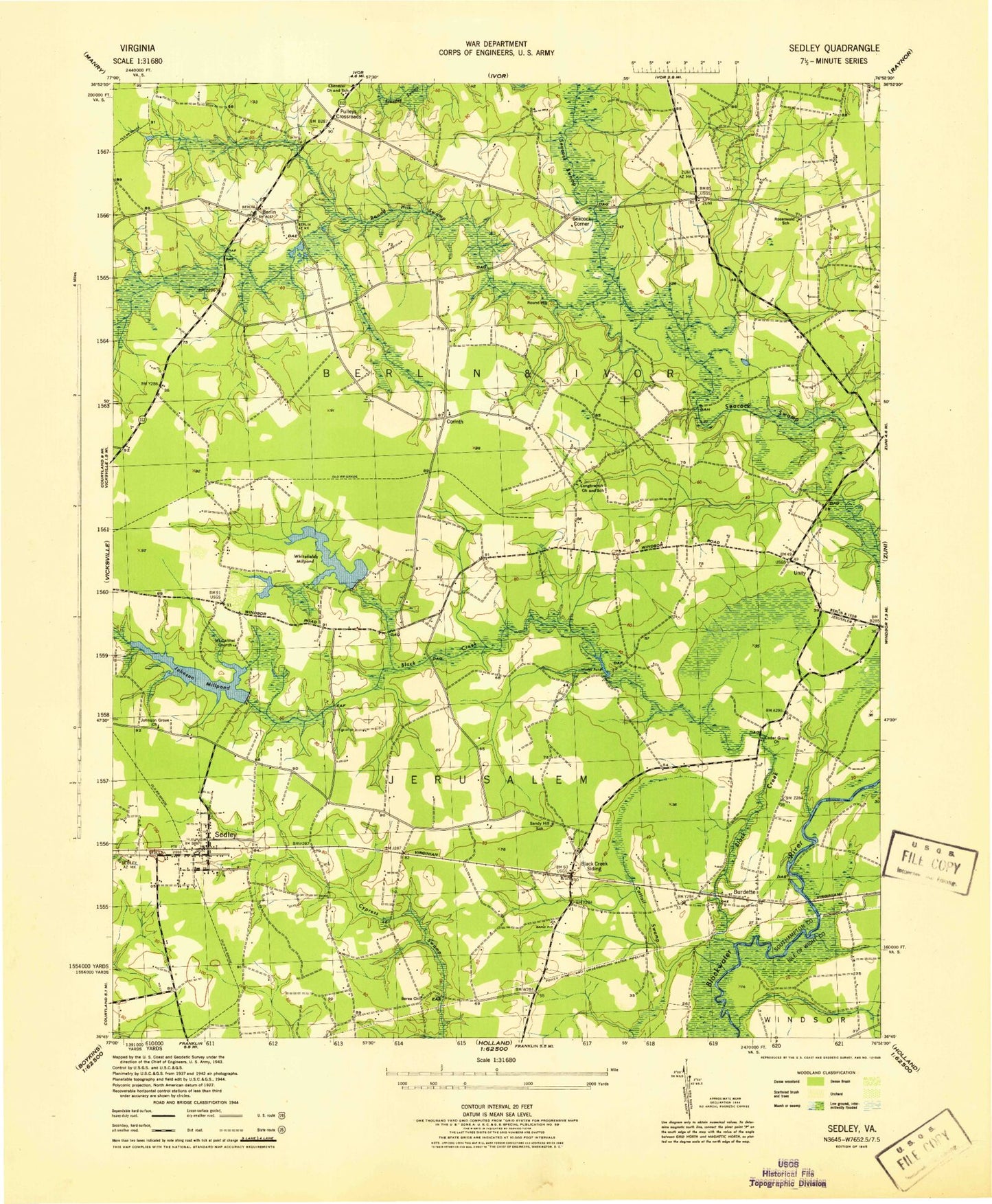 Classic USGS Sedley Virginia 7.5'x7.5' Topo Map Image