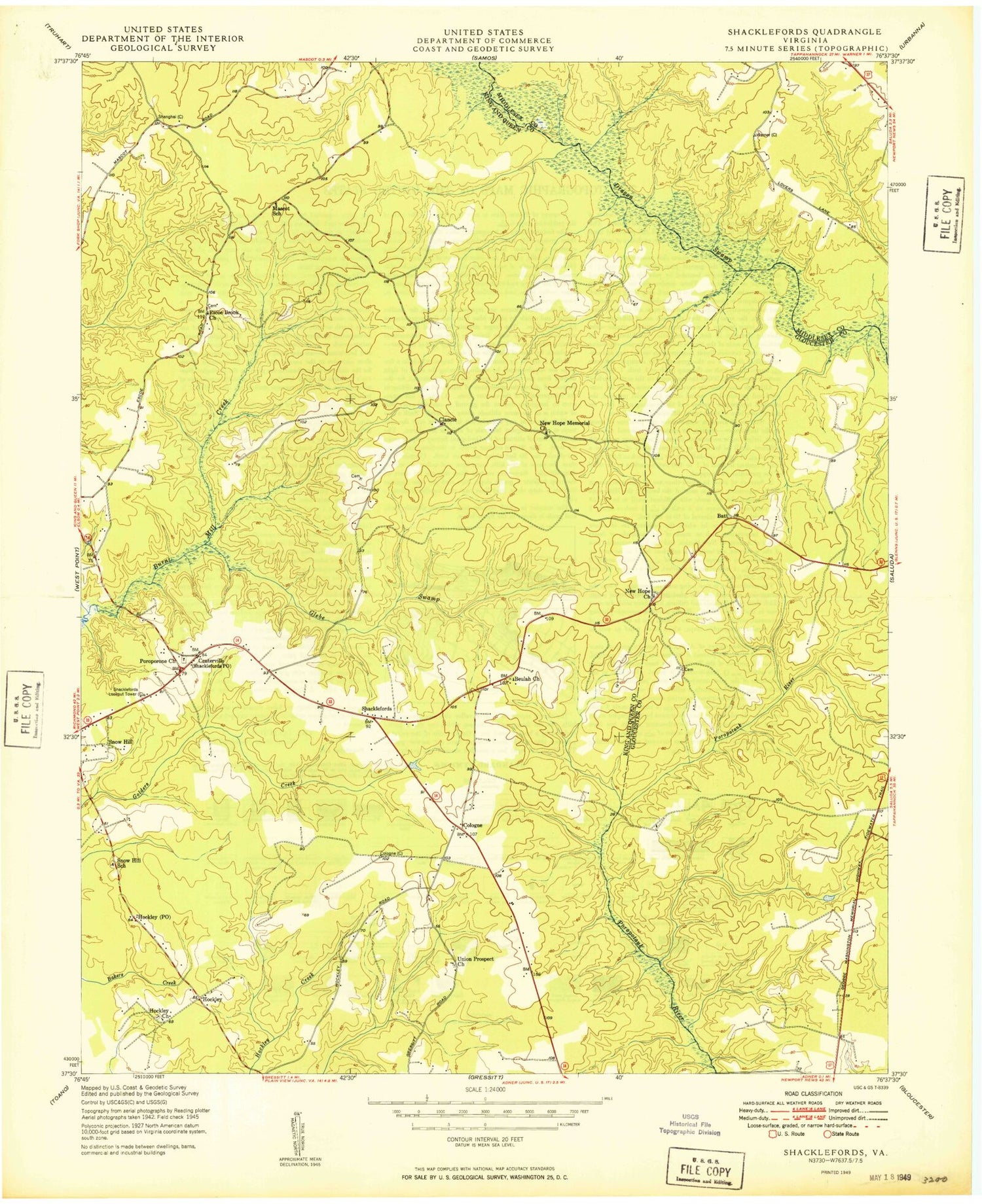 Classic USGS Shacklefords Virginia 7.5'x7.5' Topo Map Image