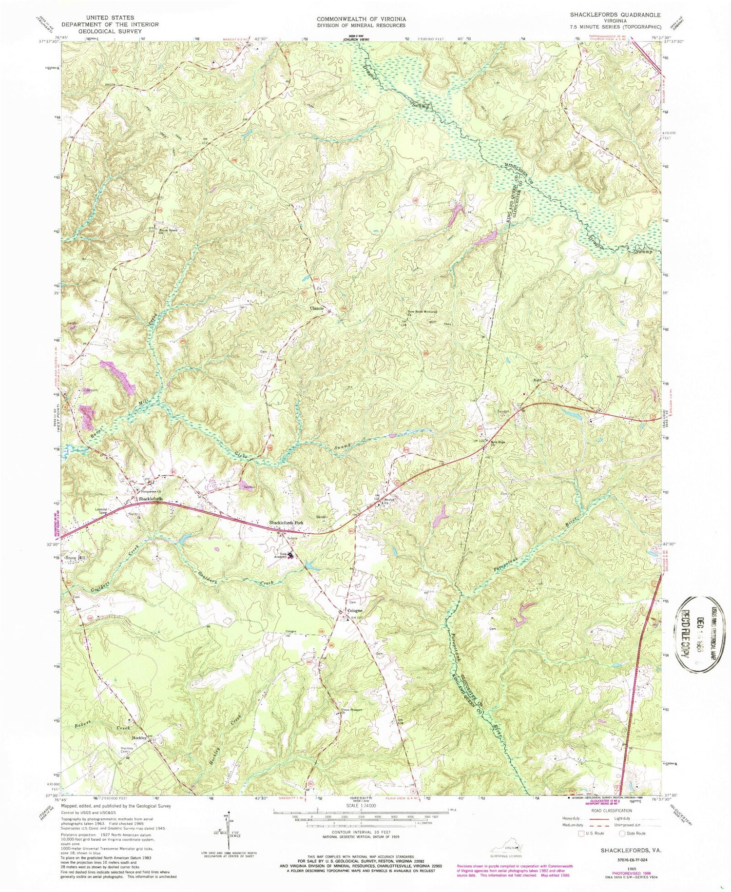 Classic USGS Shacklefords Virginia 7.5'x7.5' Topo Map Image