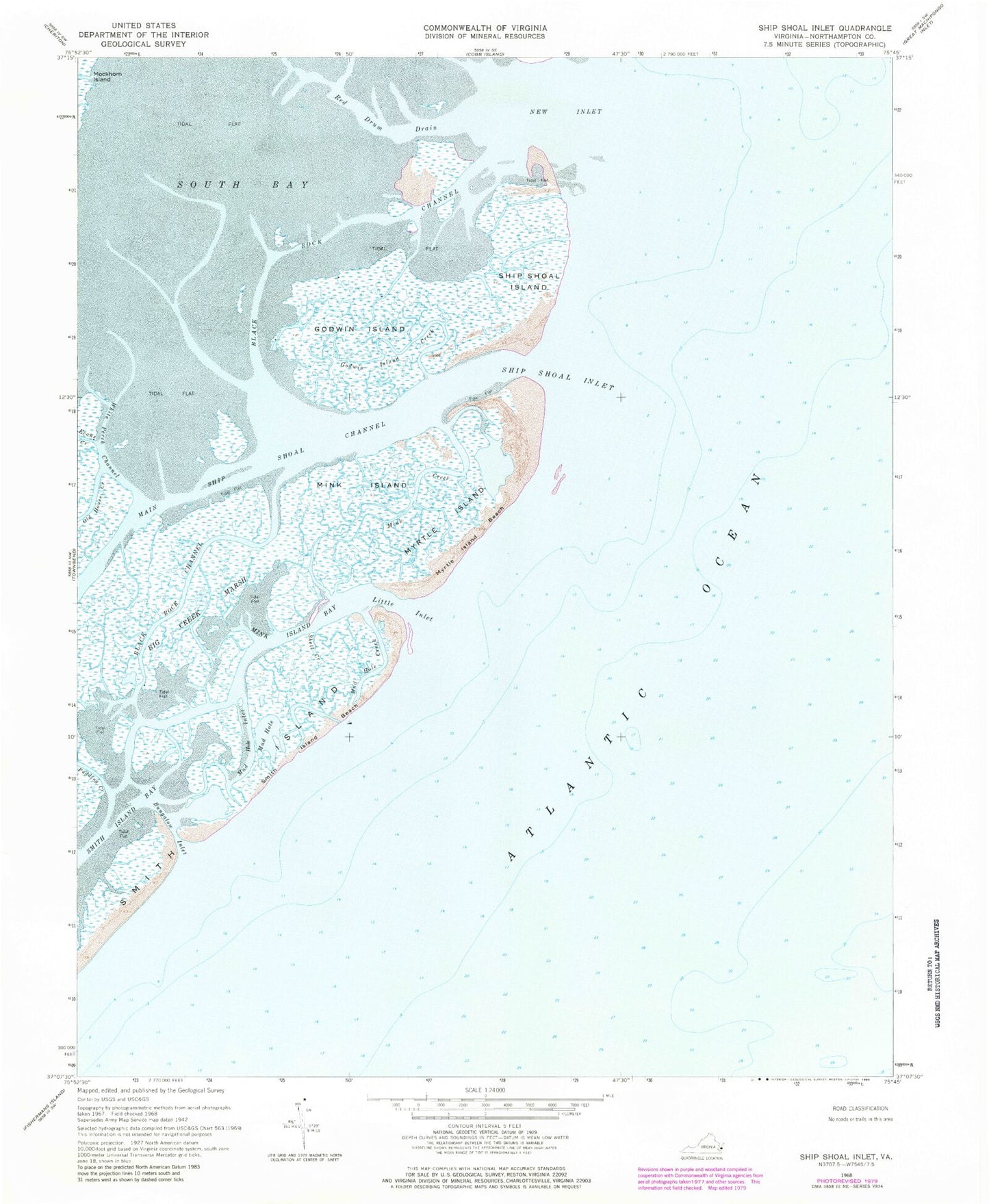 Classic USGS Ship Shoal Inlet Virginia 7.5'x7.5' Topo Map Image