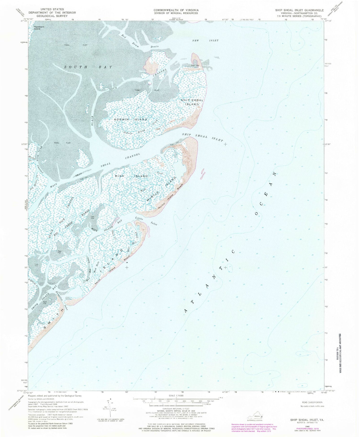 Classic USGS Ship Shoal Inlet Virginia 7.5'x7.5' Topo Map Image