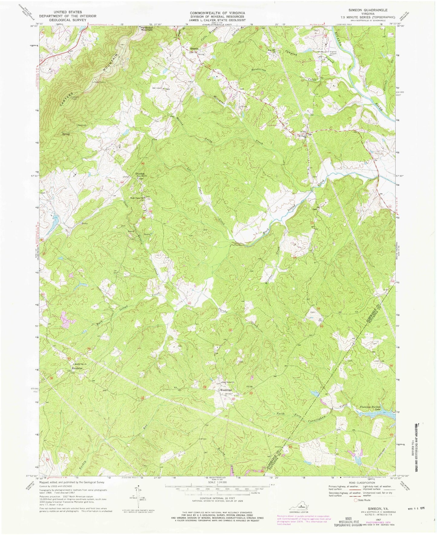 Classic USGS Simeon Virginia 7.5'x7.5' Topo Map Image