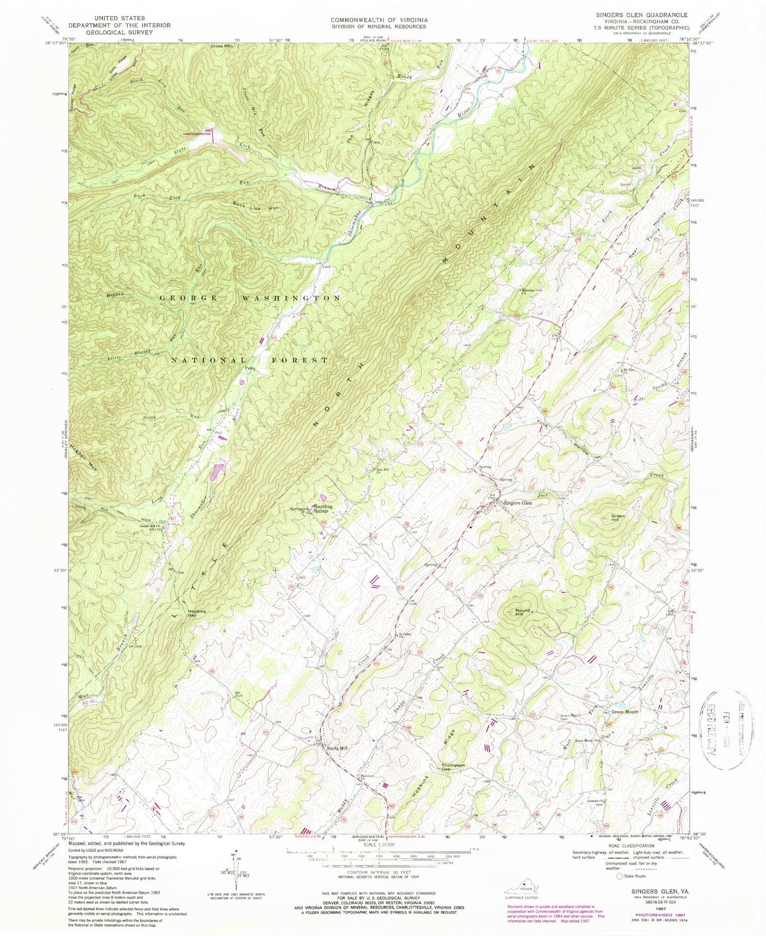 Classic USGS Singers Glen Virginia 7.5'x7.5' Topo Map Image