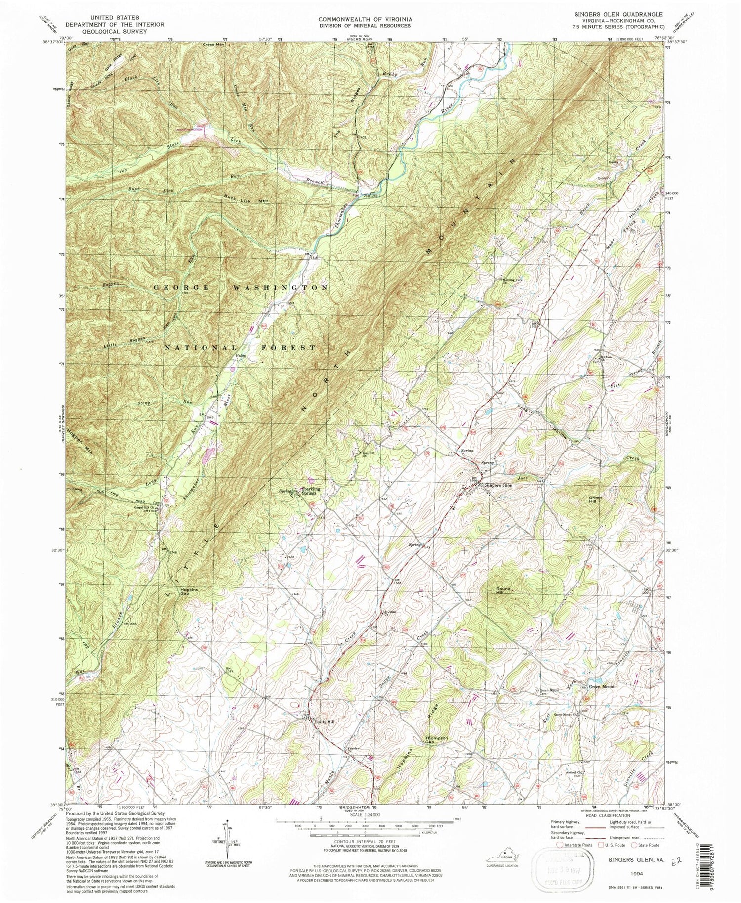Classic USGS Singers Glen Virginia 7.5'x7.5' Topo Map Image