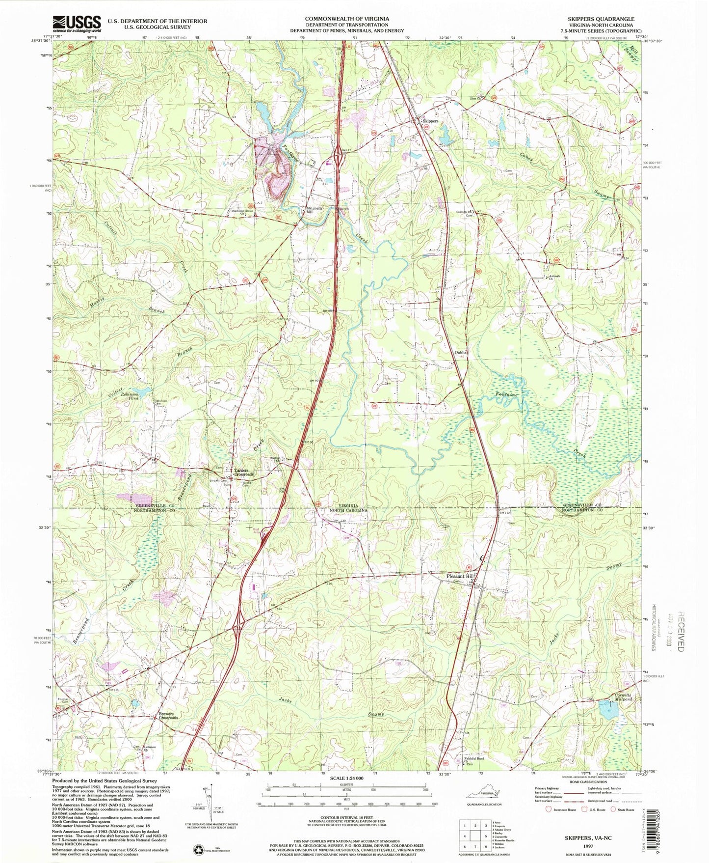 Classic USGS Skippers Virginia 7.5'x7.5' Topo Map Image