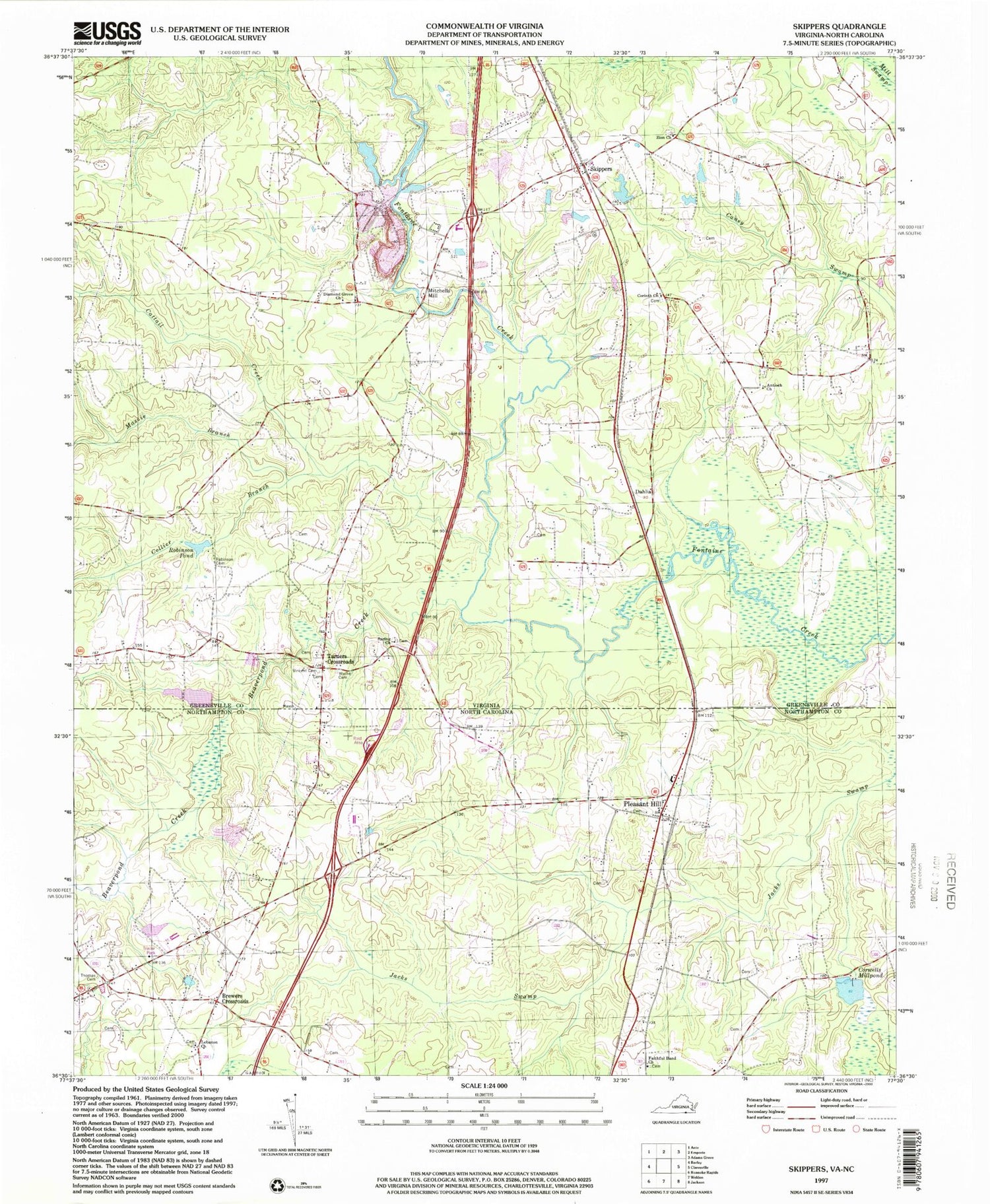 Classic USGS Skippers Virginia 7.5'x7.5' Topo Map Image