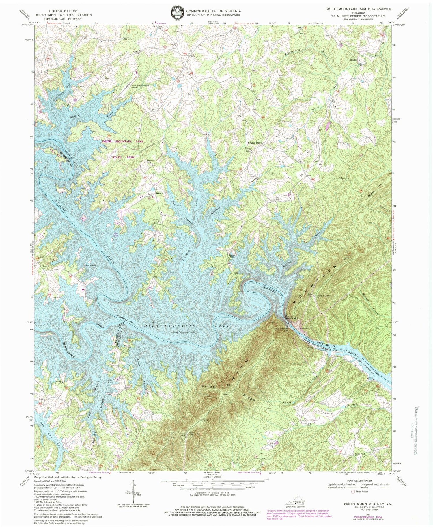 Classic USGS Smith Mountain Dam Virginia 7.5'x7.5' Topo Map Image