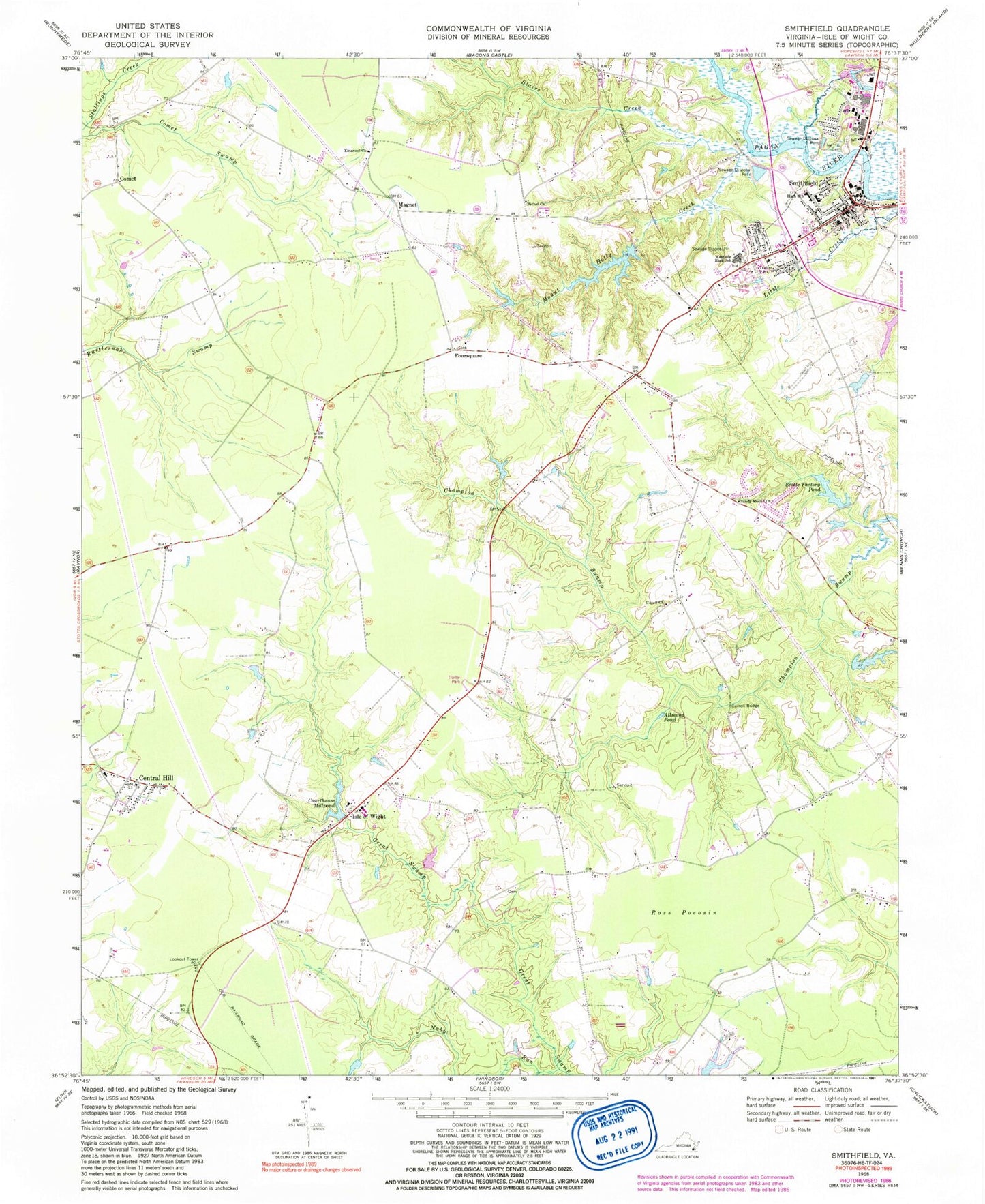 Classic USGS Smithfield Virginia 7.5'x7.5' Topo Map Image