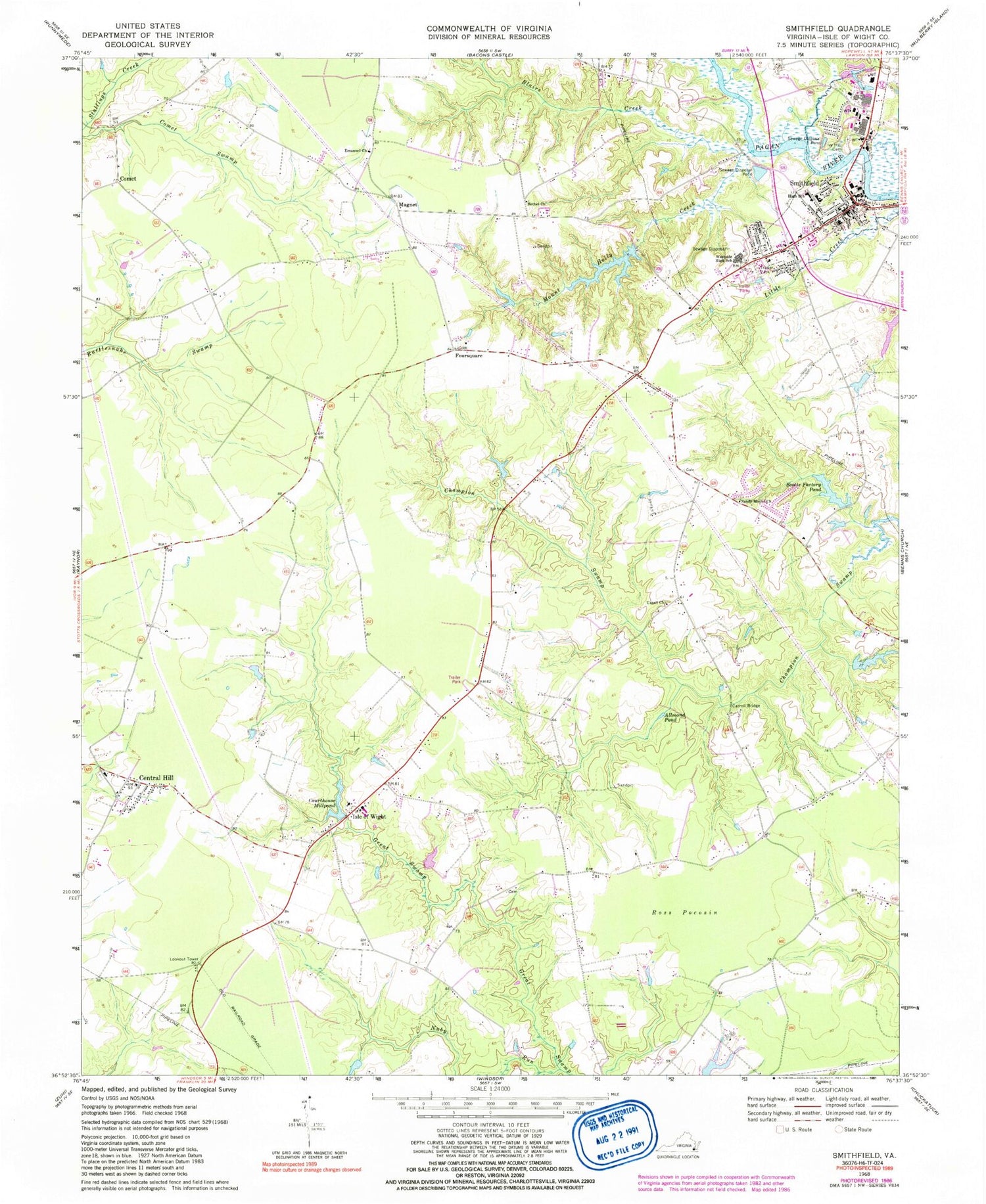 Classic USGS Smithfield Virginia 7.5'x7.5' Topo Map Image