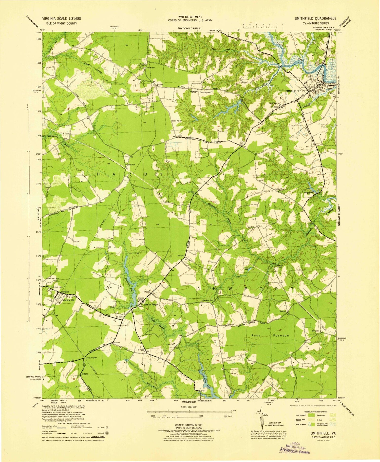 Classic USGS Smithfield Virginia 7.5'x7.5' Topo Map Image