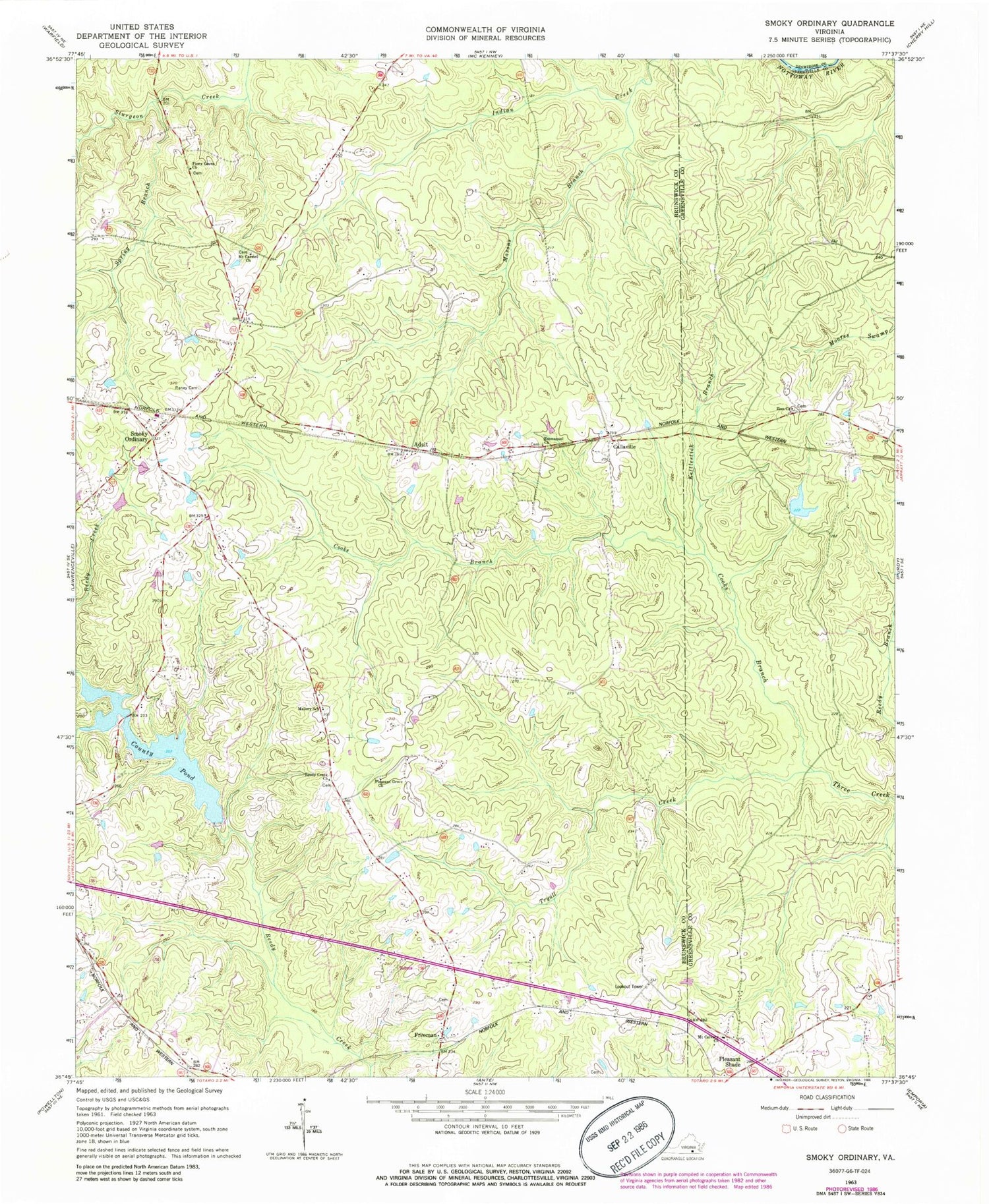 Classic USGS Smoky Ordinary Virginia 7.5'x7.5' Topo Map Image