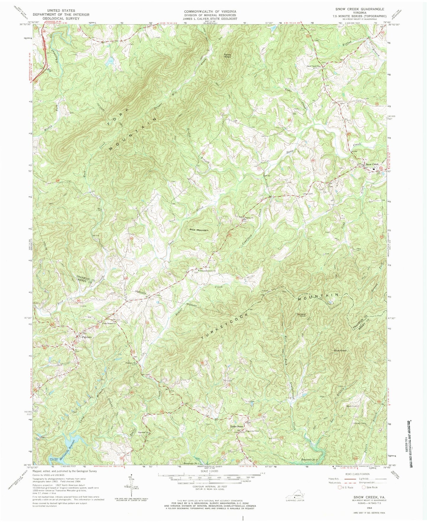Classic USGS Snow Creek Virginia 7.5'x7.5' Topo Map Image