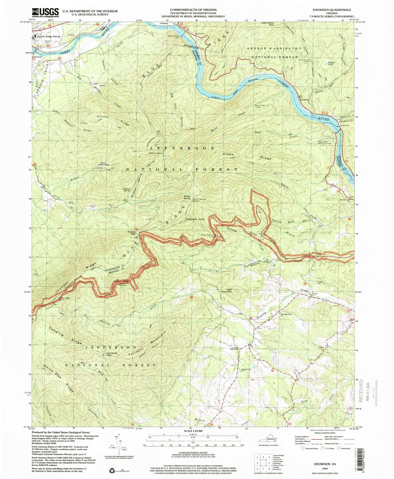 USGS Classic Snowden Virginia 7.5'x7.5' Topo Map Image