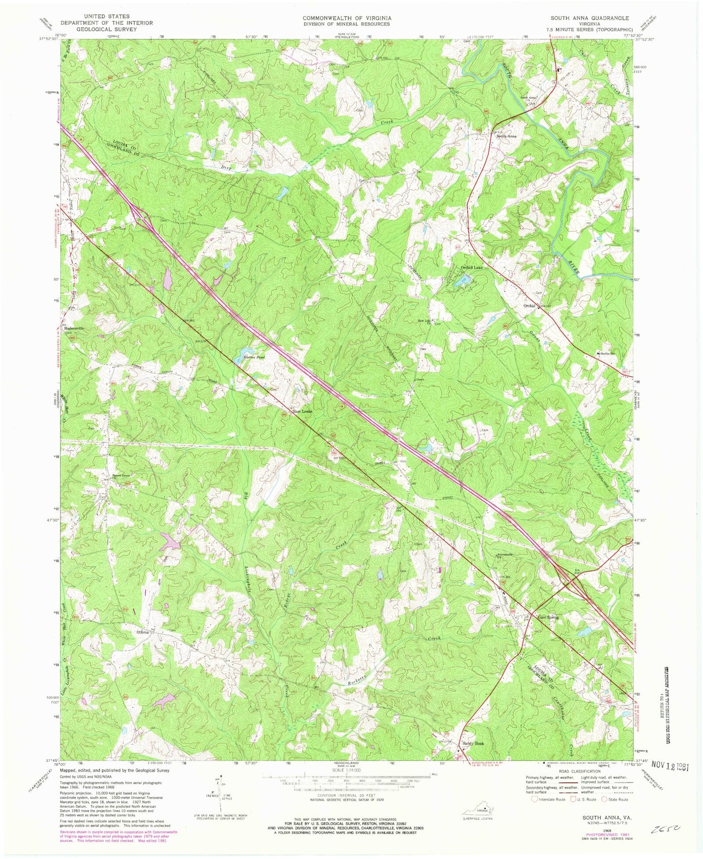 Classic USGS South Anna Virginia 7.5'x7.5' Topo Map Image