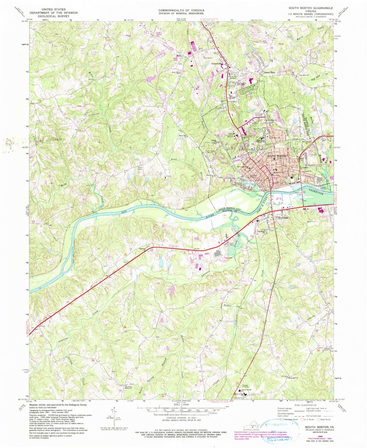 Classic USGS South Boston Virginia 7.5'x7.5' Topo Map Image