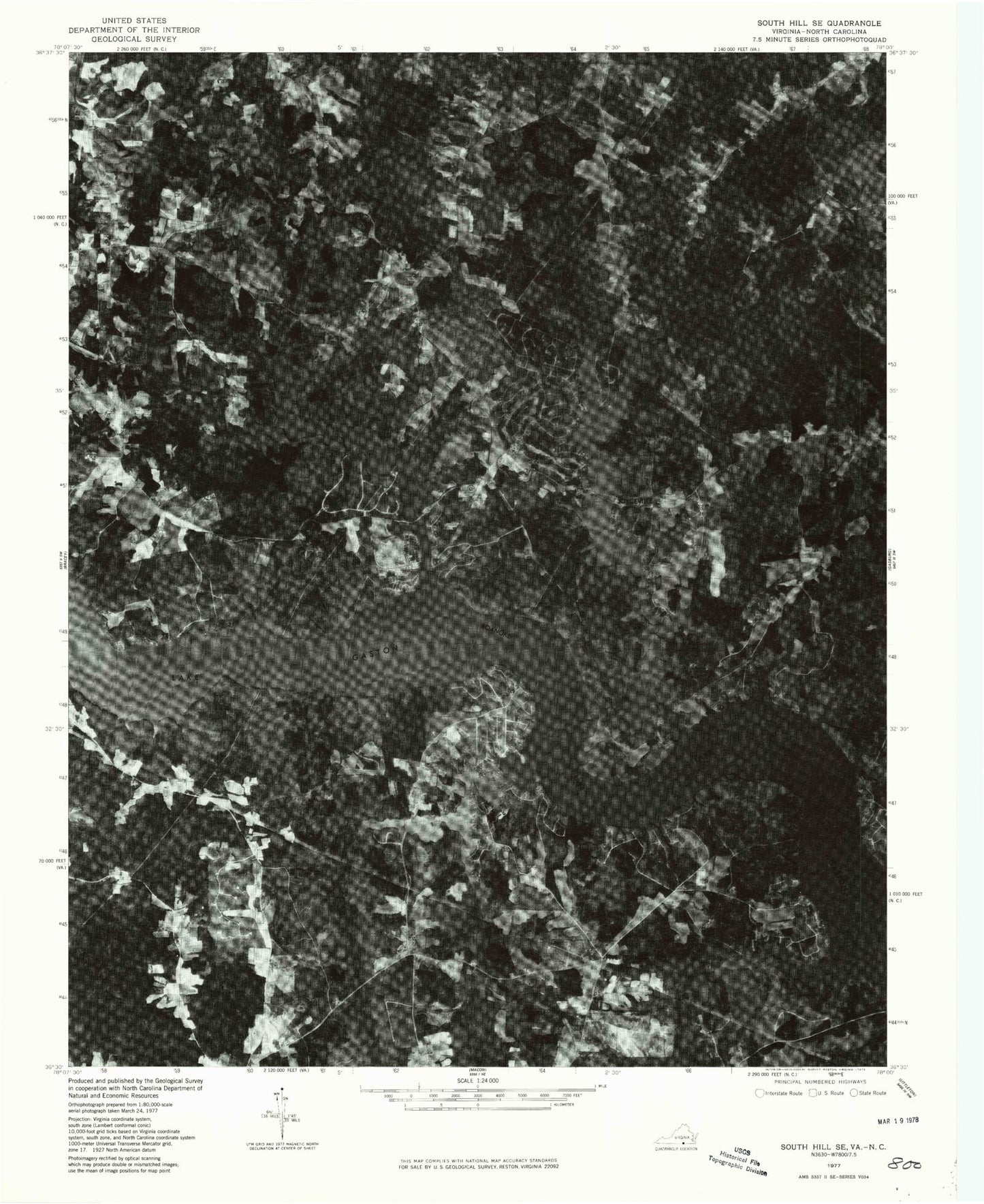 Classic USGS South Hill SE Virginia 7.5'x7.5' Topo Map Image
