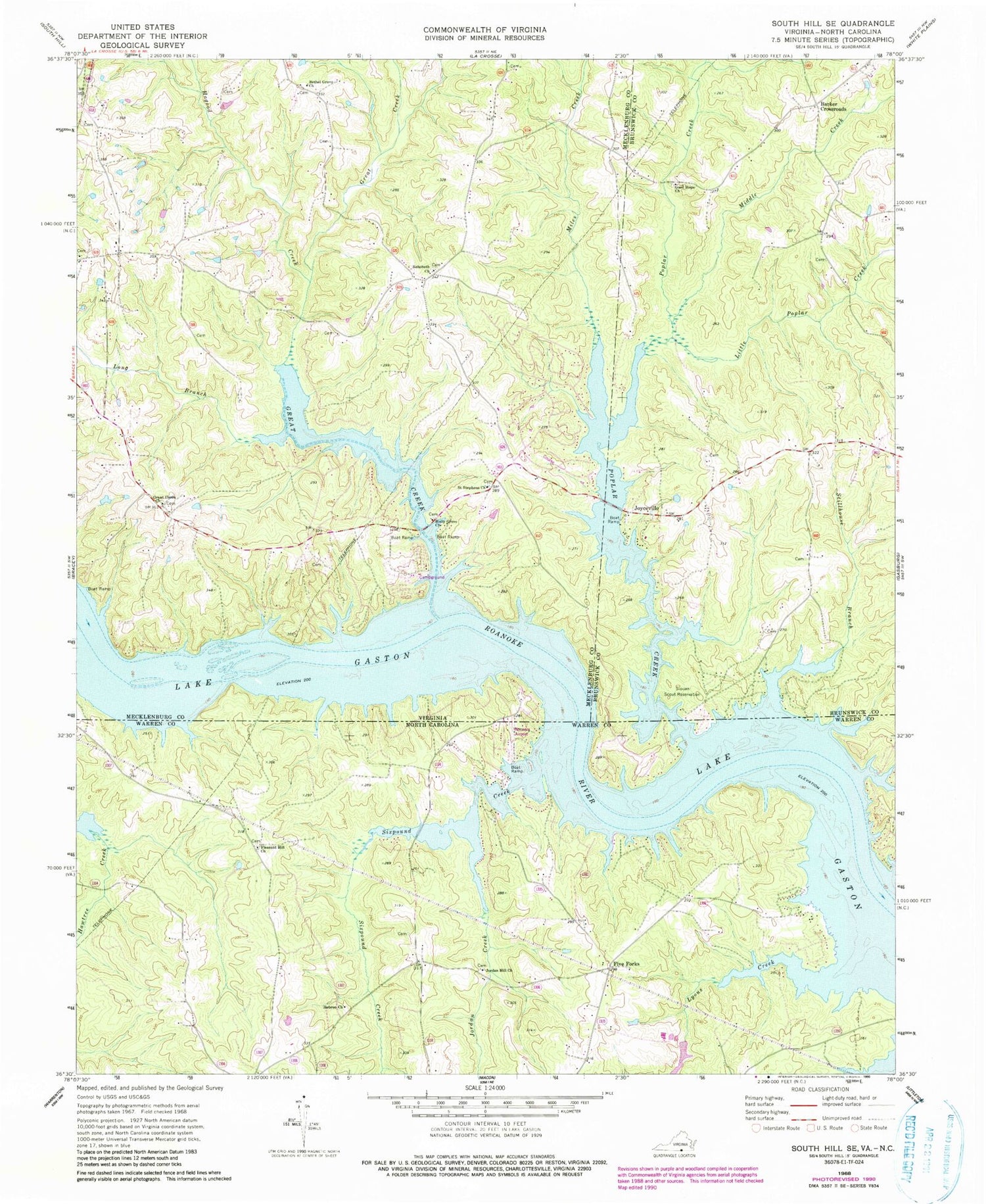 Classic USGS South Hill SE Virginia 7.5'x7.5' Topo Map Image