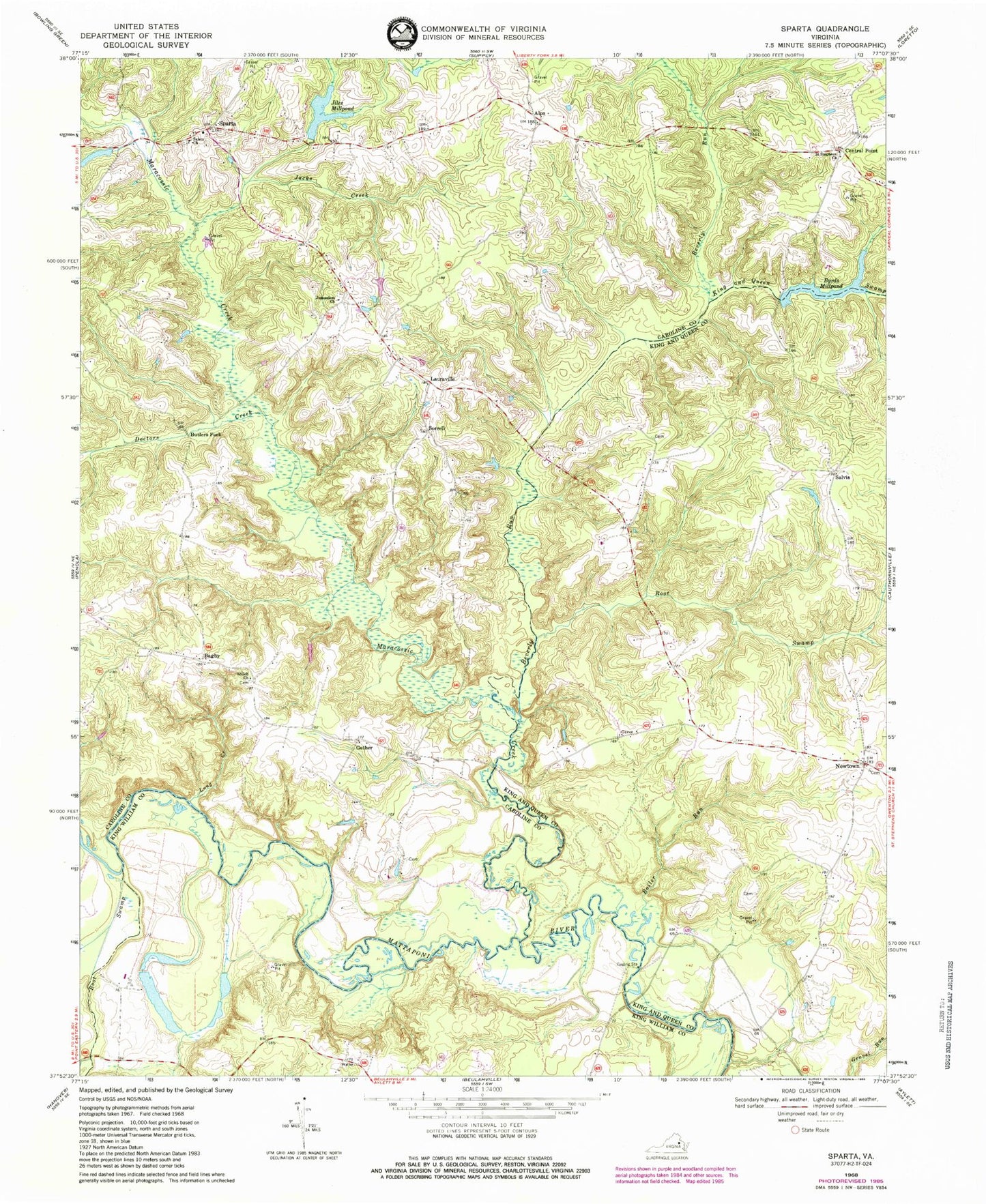 Classic USGS Sparta Virginia 7.5'x7.5' Topo Map Image