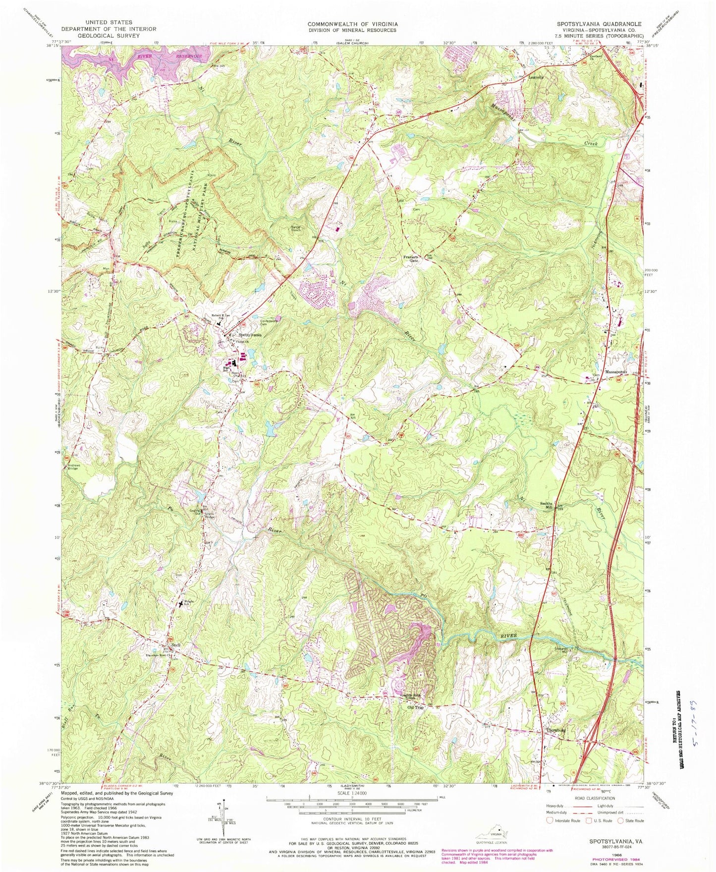 Classic USGS Spotsylvania Virginia 7.5'x7.5' Topo Map Image