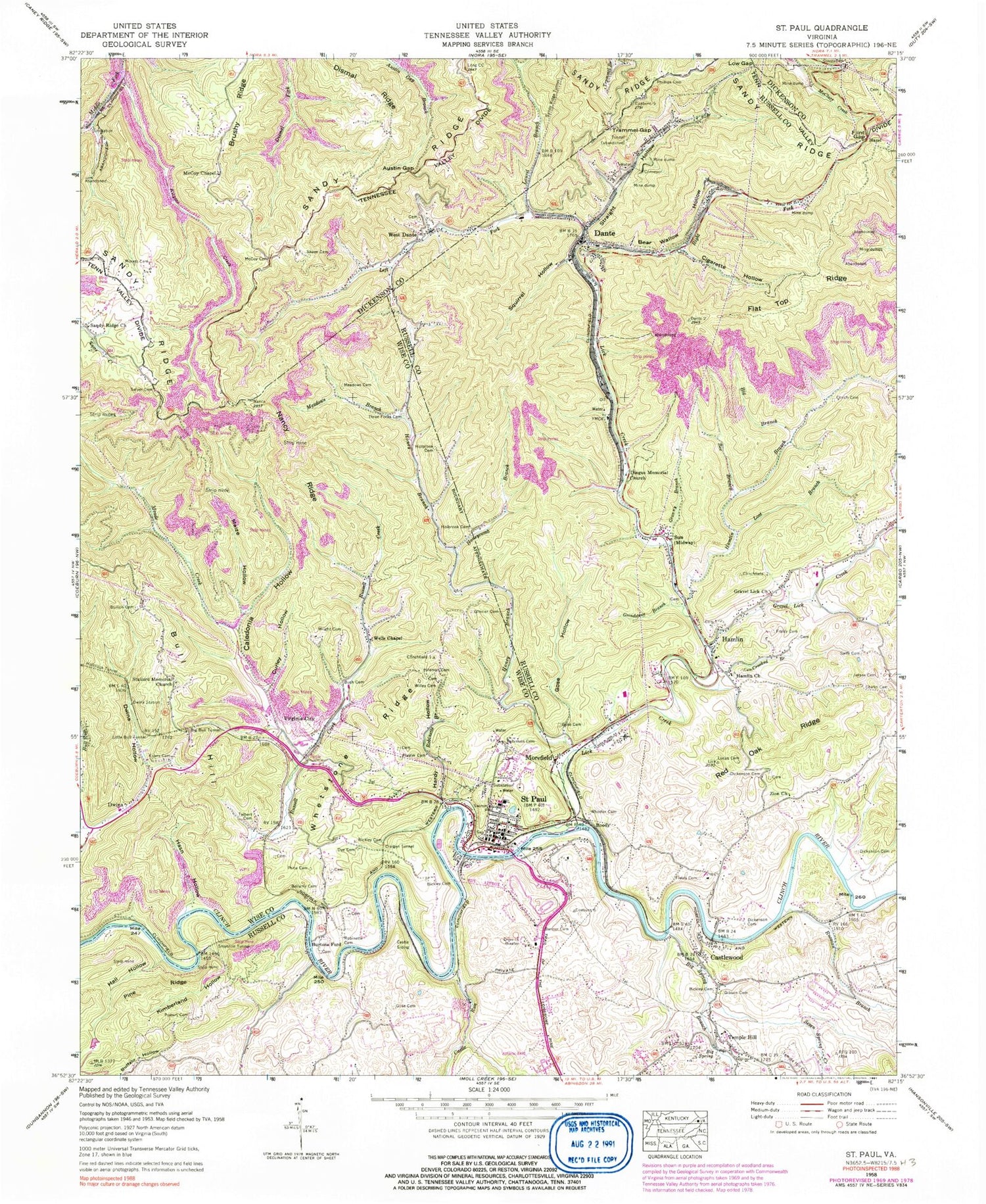 Classic USGS Saint Paul Virginia 7.5'x7.5' Topo Map Image