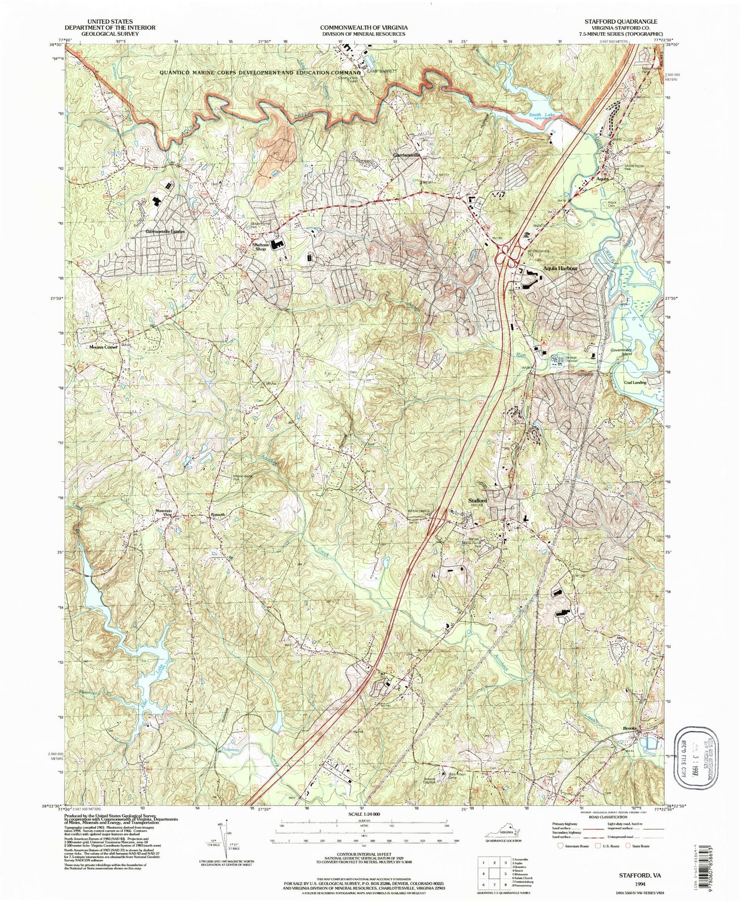 Classic USGS Stafford Virginia 7.5'x7.5' Topo Map Image