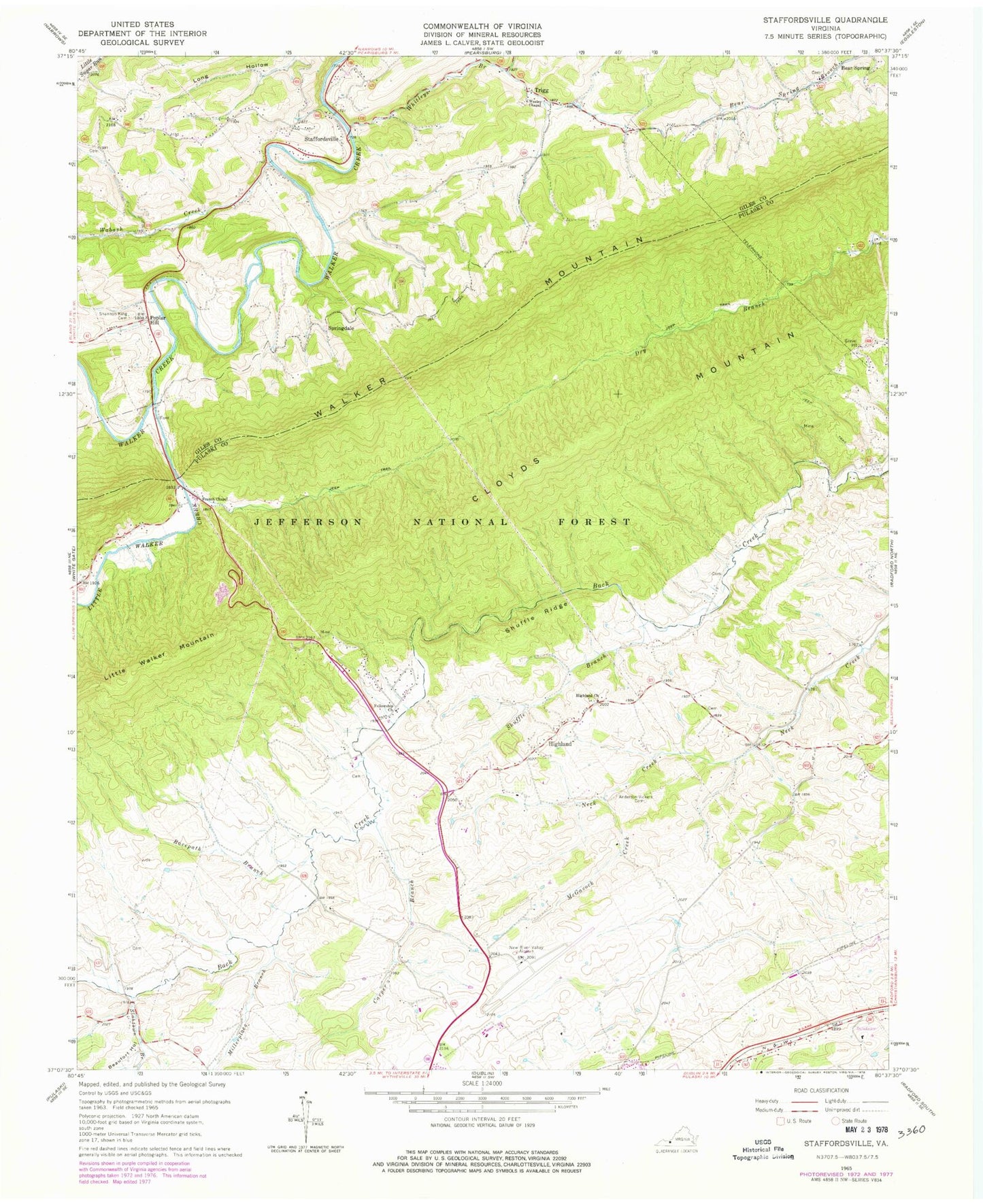Classic USGS Staffordsville Virginia 7.5'x7.5' Topo Map Image