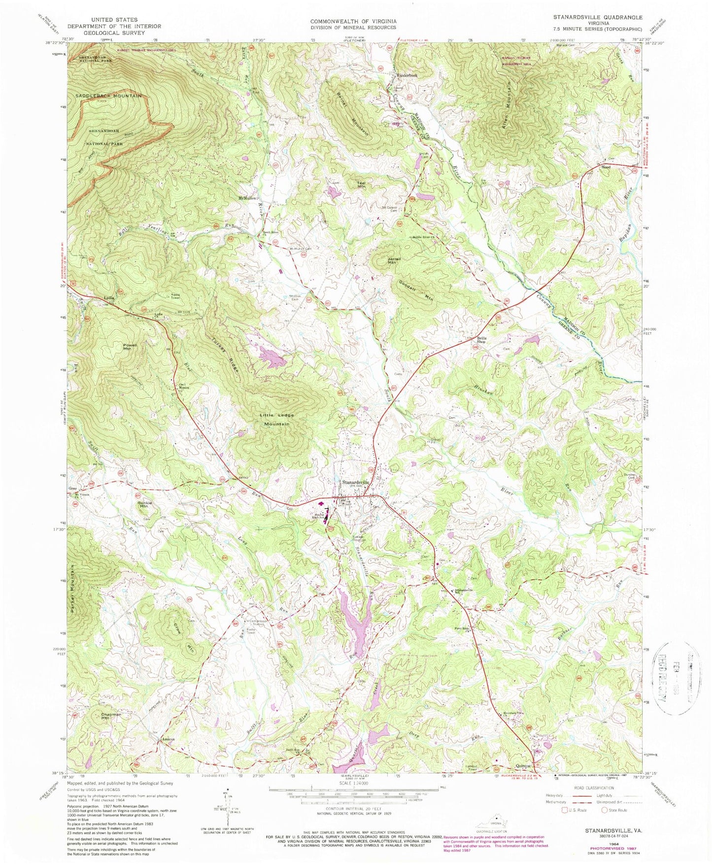 Classic USGS Stanardsville Virginia 7.5'x7.5' Topo Map Image