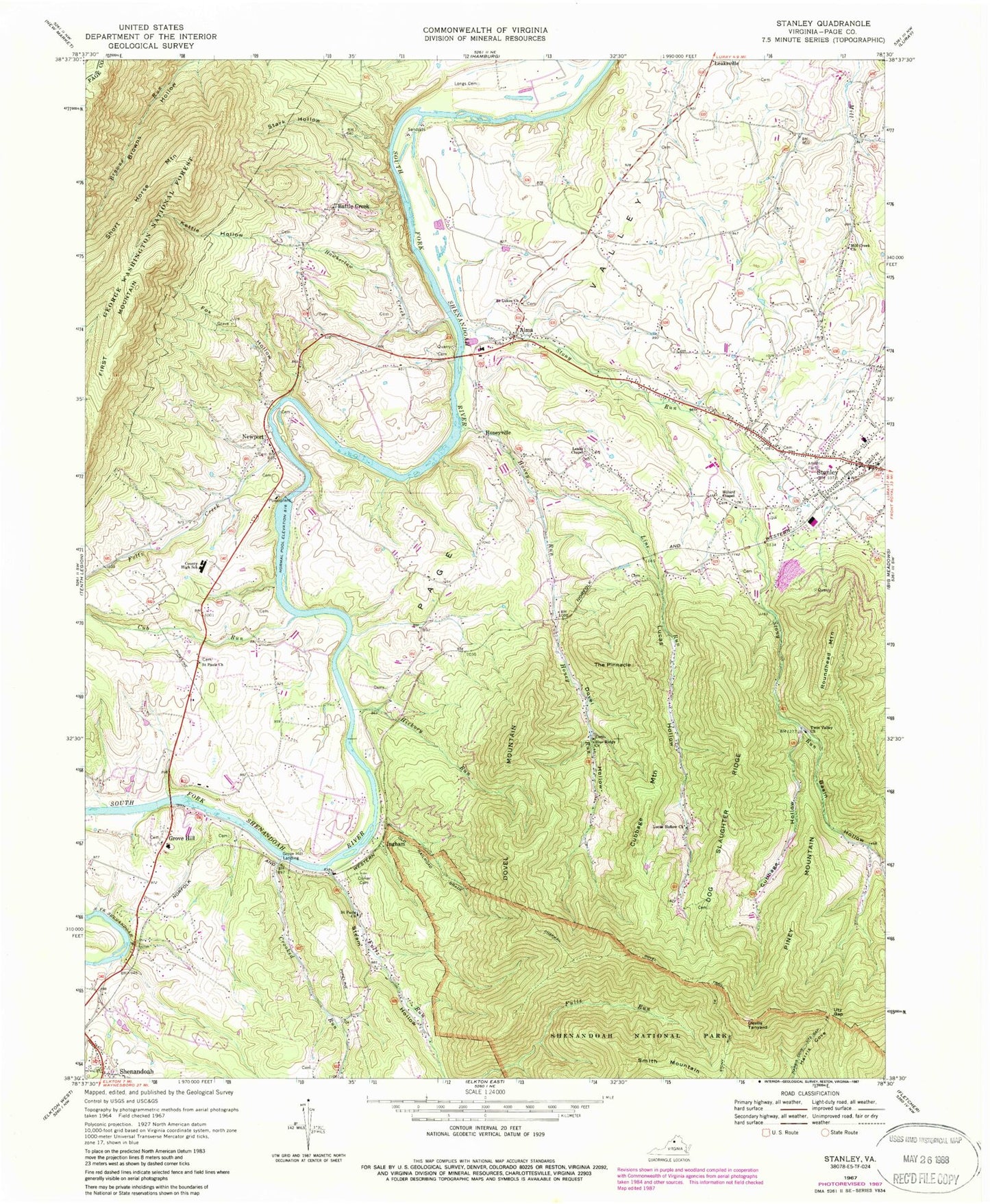 Classic USGS Stanley Virginia 7.5'x7.5' Topo Map Image