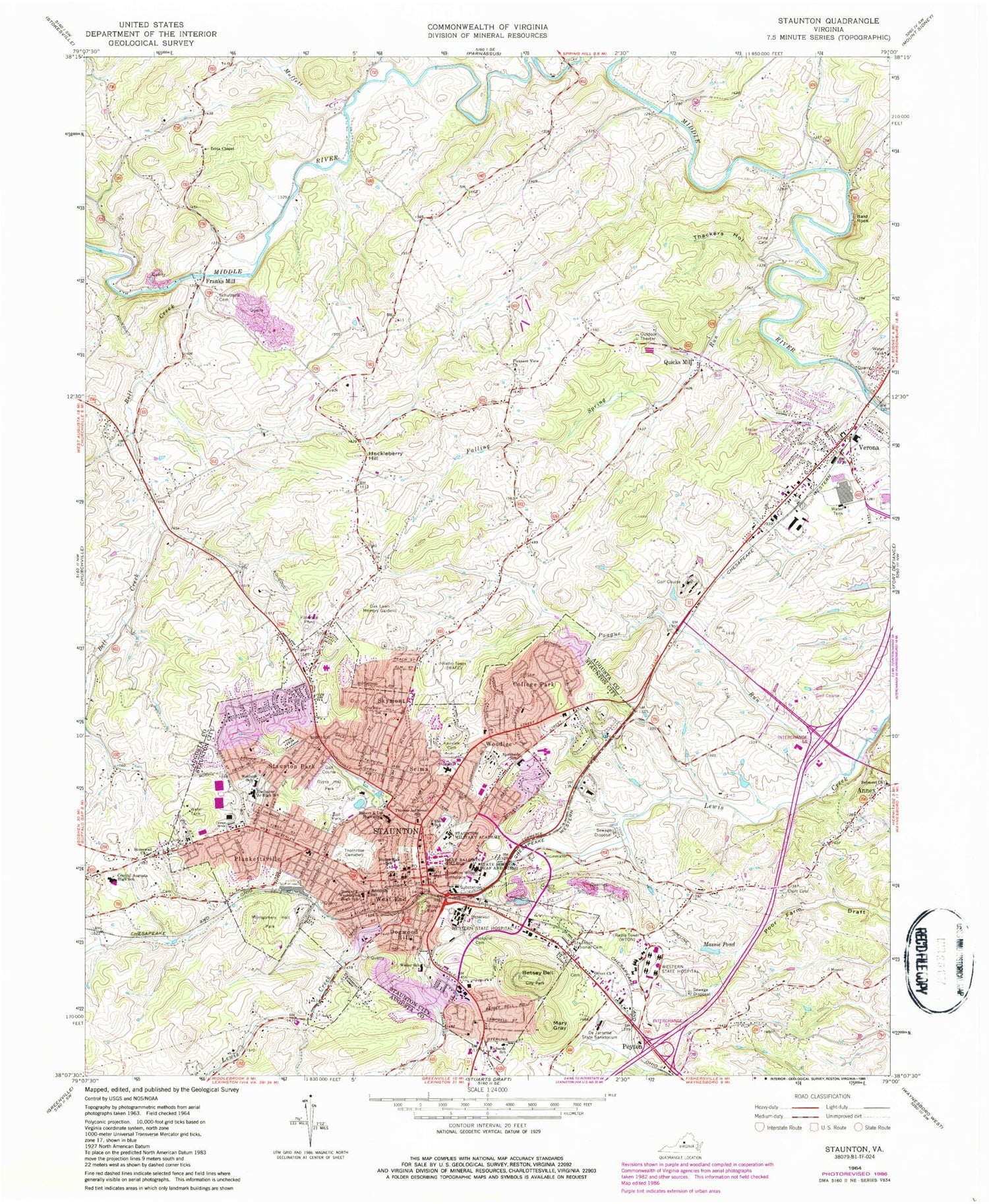 Classic USGS Staunton Virginia 7.5'x7.5' Topo Map Image